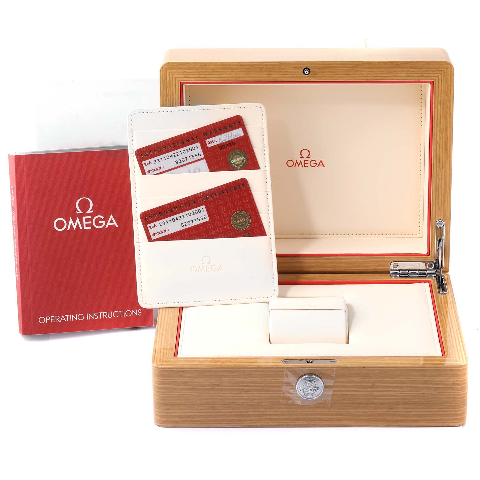 The image shows the packaging, operating instructions, and warranty cards for an Omega Aqua Terra 231.10.42.21.02.001 Men
s Stainless Steel Silver Dial 231.10.42.21.02.001 Men
s Stainless Steel Silver Dial watch.