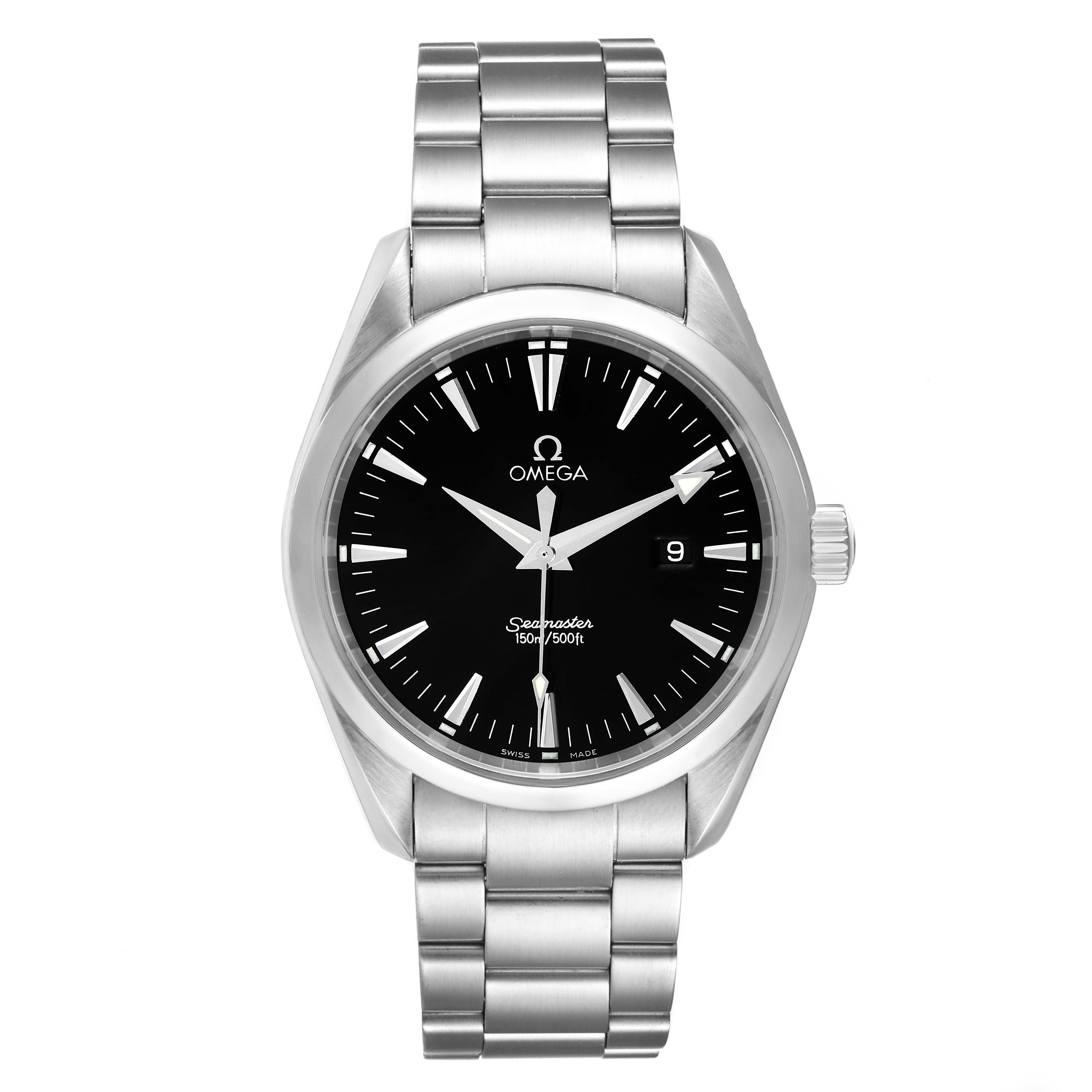 The image shows a front view of the Omega Aqua Terra 2517.50.00 Men's Stainless Steel Black Dial 2517.50.00 Men's Stainless Steel Black Dial watch, displaying the face, bezel, crown, and stainless steel bracelet.