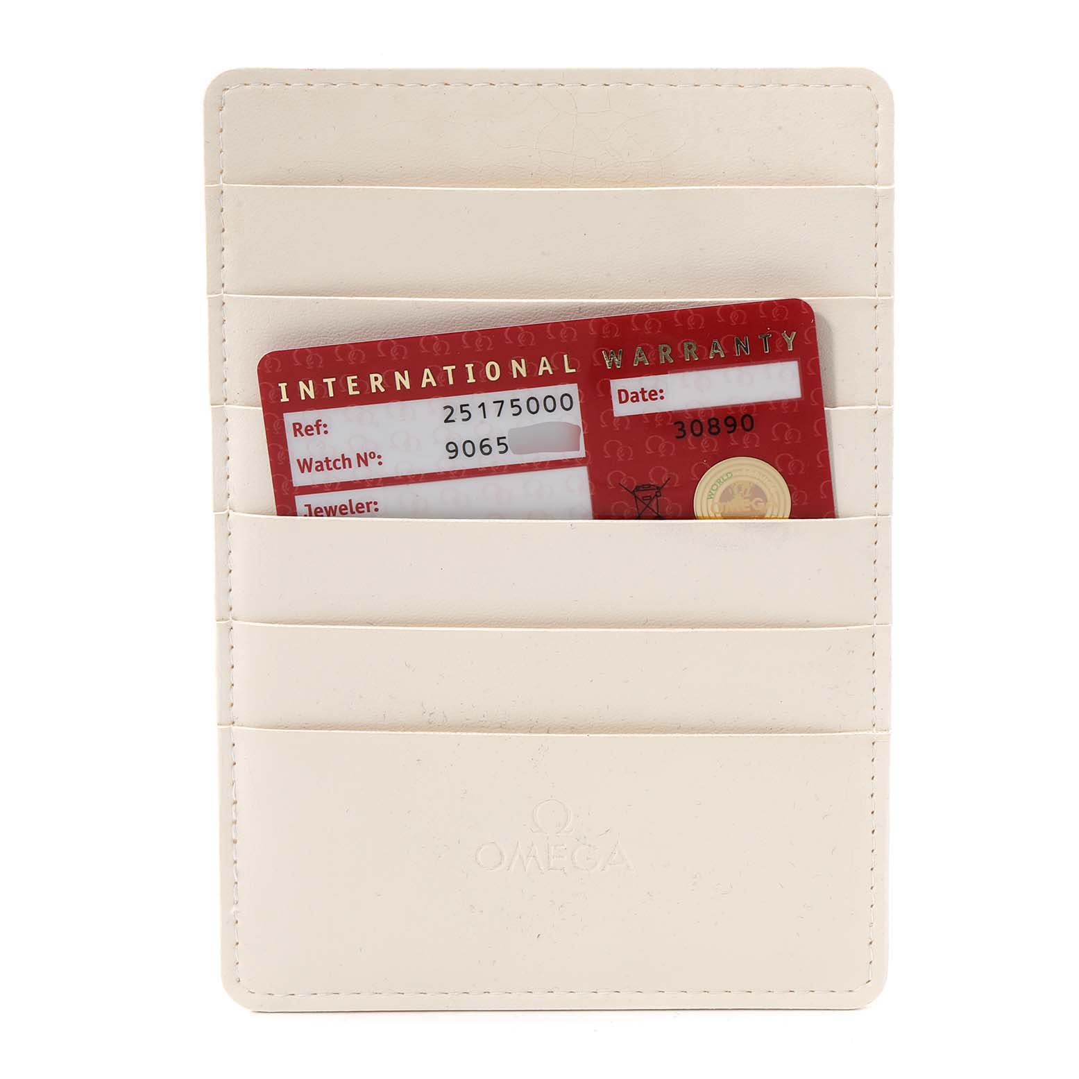 The image shows a warranty card for the Omega Aqua Terra 2517.50.00 Men's Stainless Steel Black Dial 2517.50.00 Men's Stainless Steel Black Dial watch stored in a white cardholder.