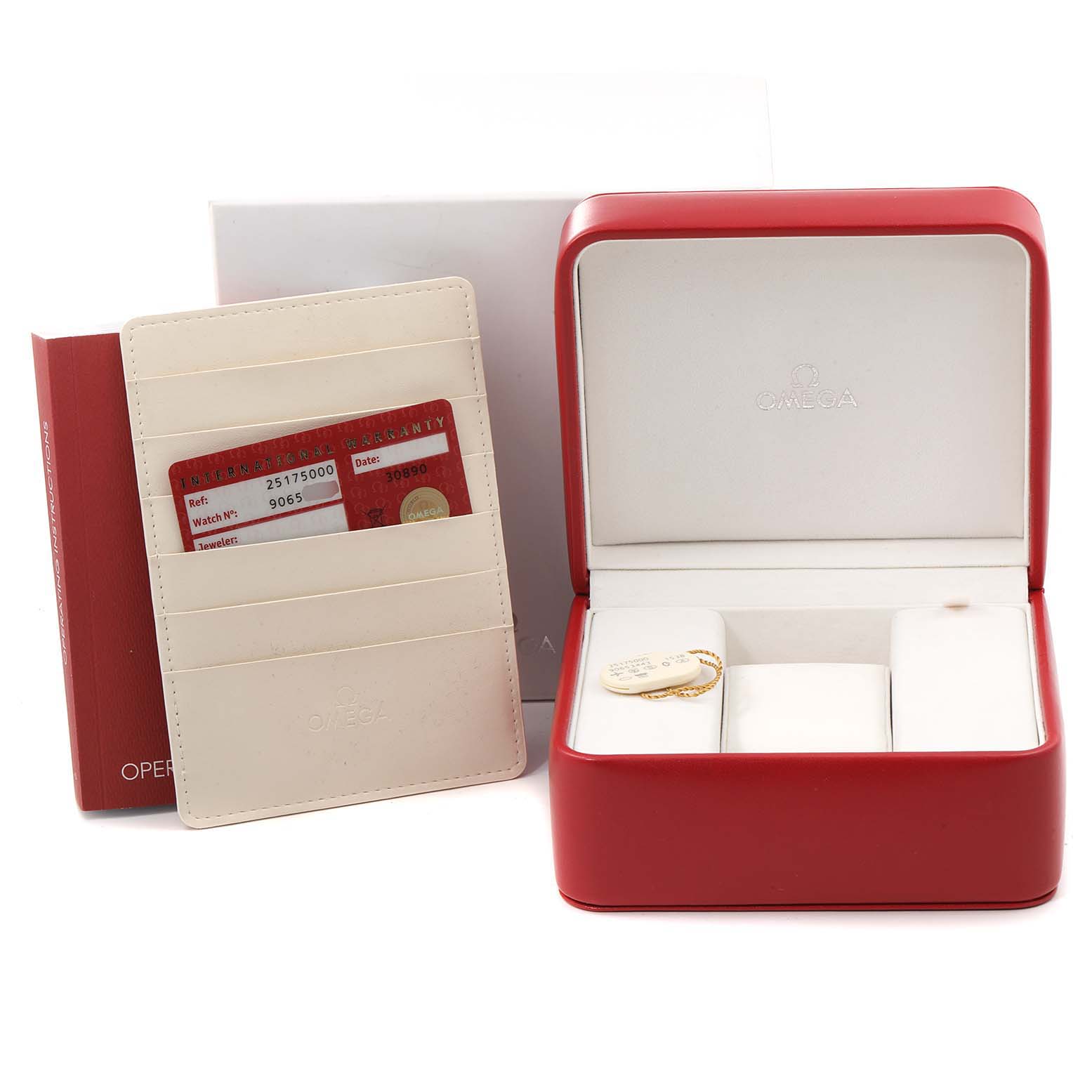 The image shows the packaging, warranty card, instruction manual, and empty case for the Omega Aqua Terra 2517.50.00 Men's Stainless Steel Black Dial 2517.50.00 Men's Stainless Steel Black Dial model watch.