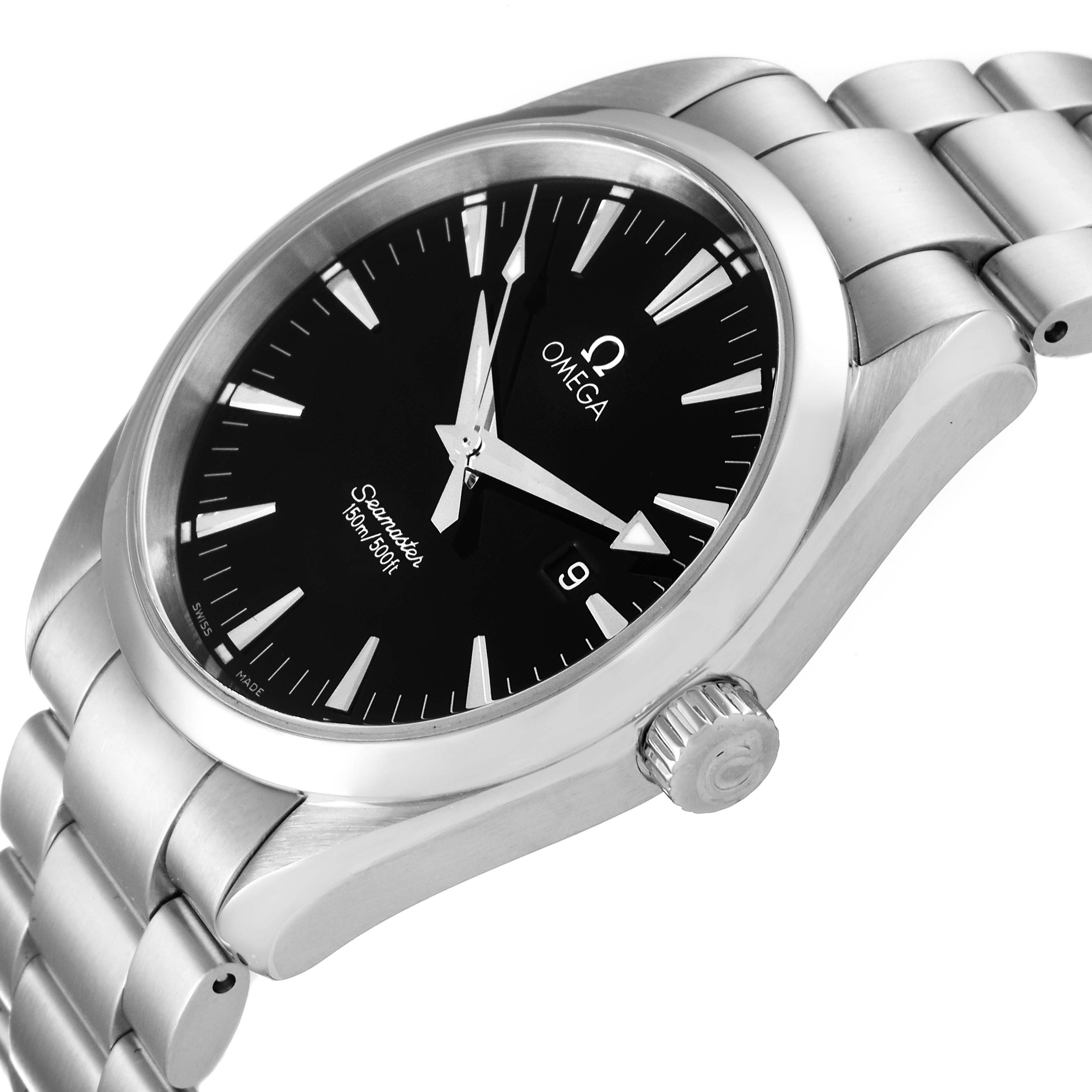 The image shows a side angle of the Omega Aqua Terra 2517.50.00 Men's Stainless Steel Black Dial 2517.50.00 Men's Stainless Steel Black Dial watch, highlighting its black dial, silver hands, crown, and stainless steel bracelet.