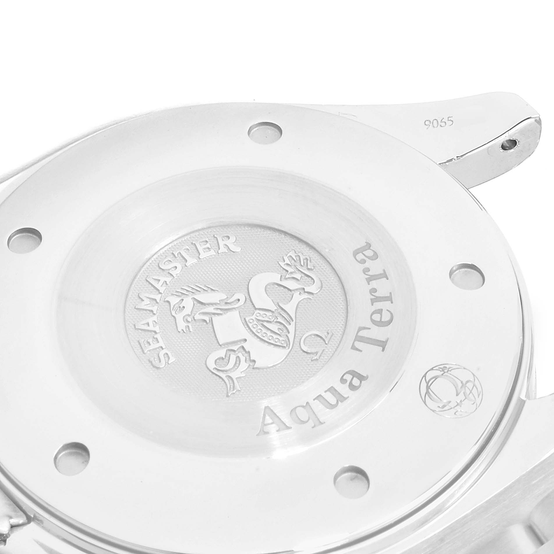 The image shows the back casing of an Omega Aqua Terra 2517.50.00 Men's Stainless Steel Black Dial 2517.50.00 Men's Stainless Steel Black Dial Seamaster watch featuring its engraved logo and model name.