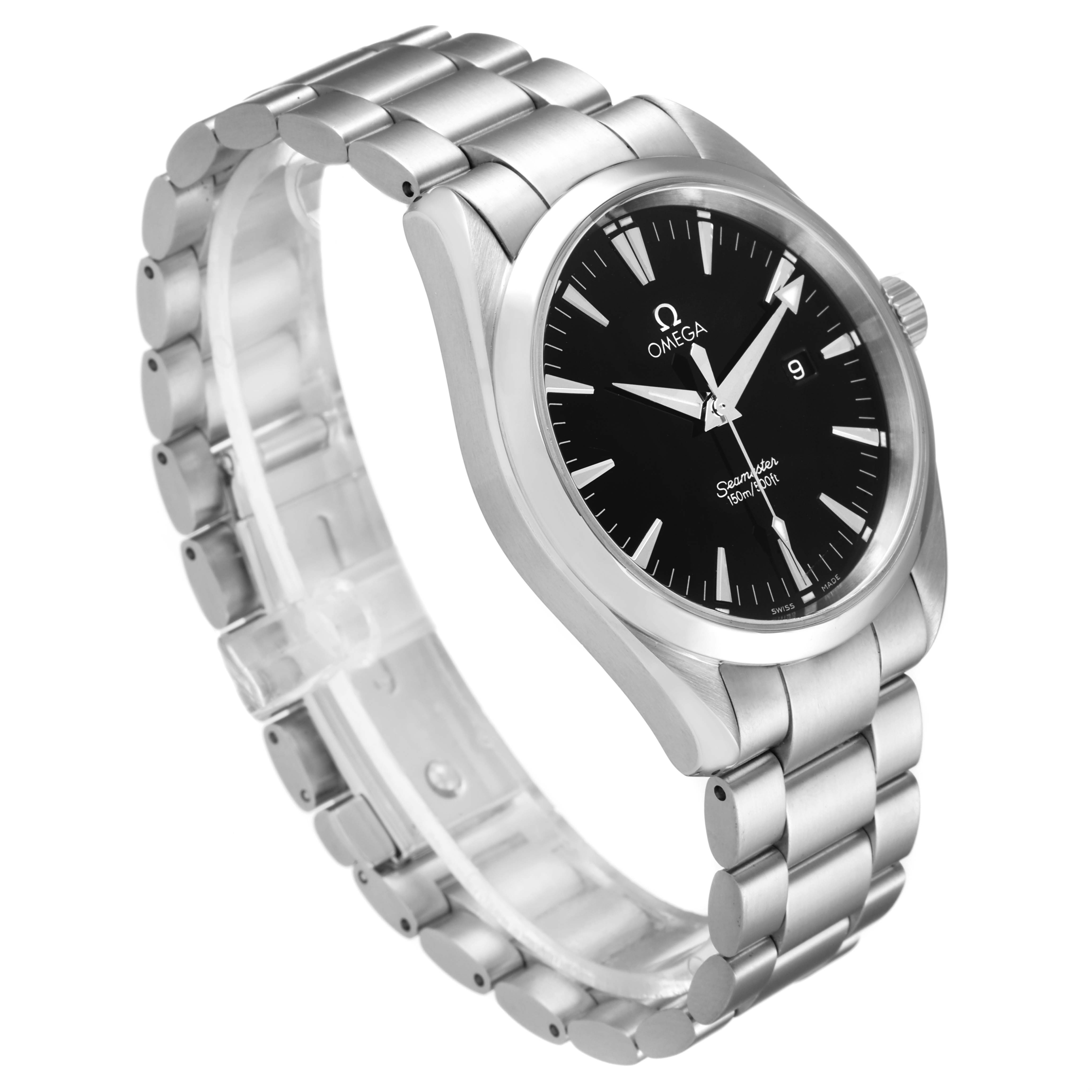 The Omega Aqua Terra 2517.50.00 Men's Stainless Steel Black Dial 2517.50.00 Men's Stainless Steel Black Dial watch is shown at a slightly angled side view, highlighting the metallic bracelet and black dial.