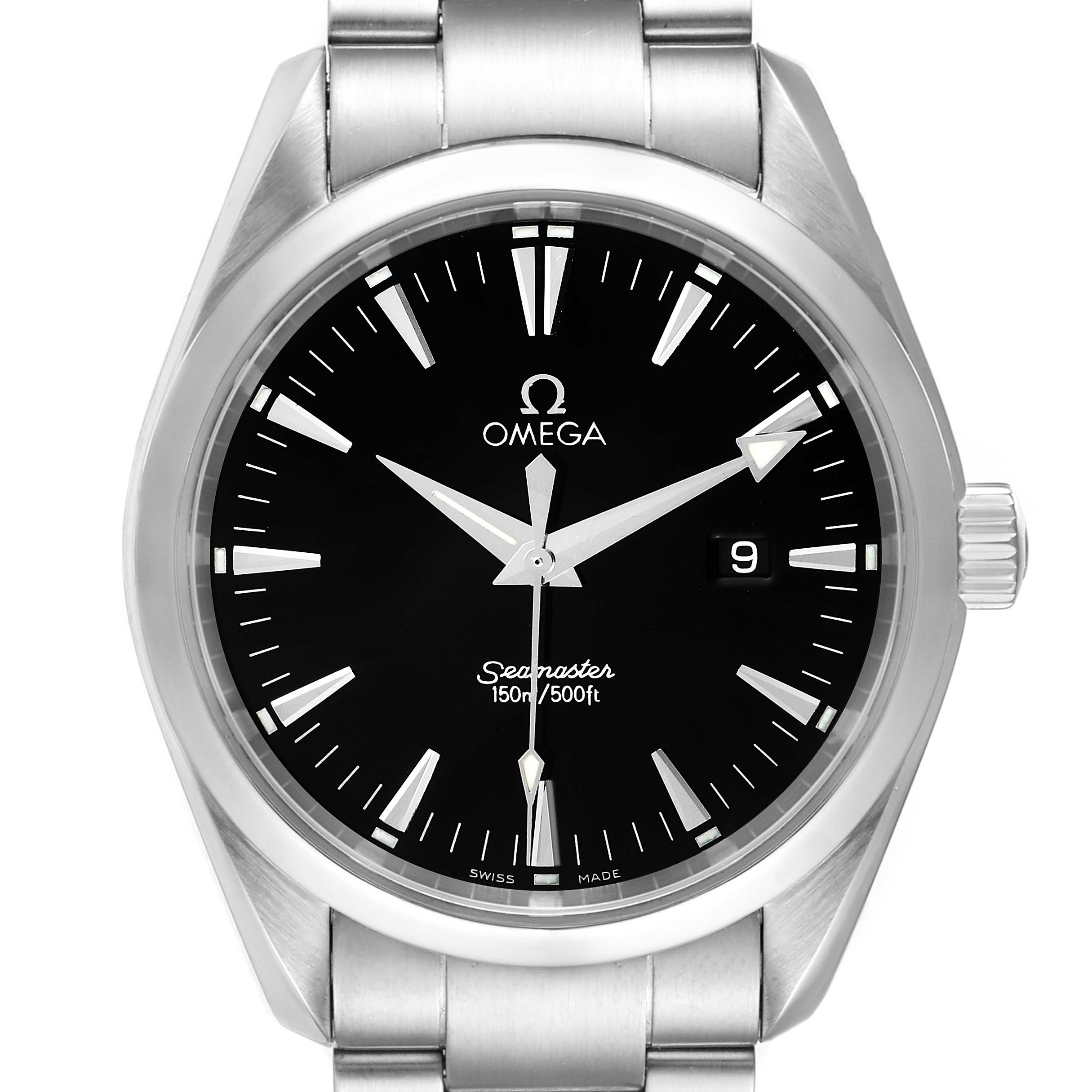 The Aqua Terra model by Omega is shown from a front angle, displaying the dial, hands, crown, and part of the bracelet.