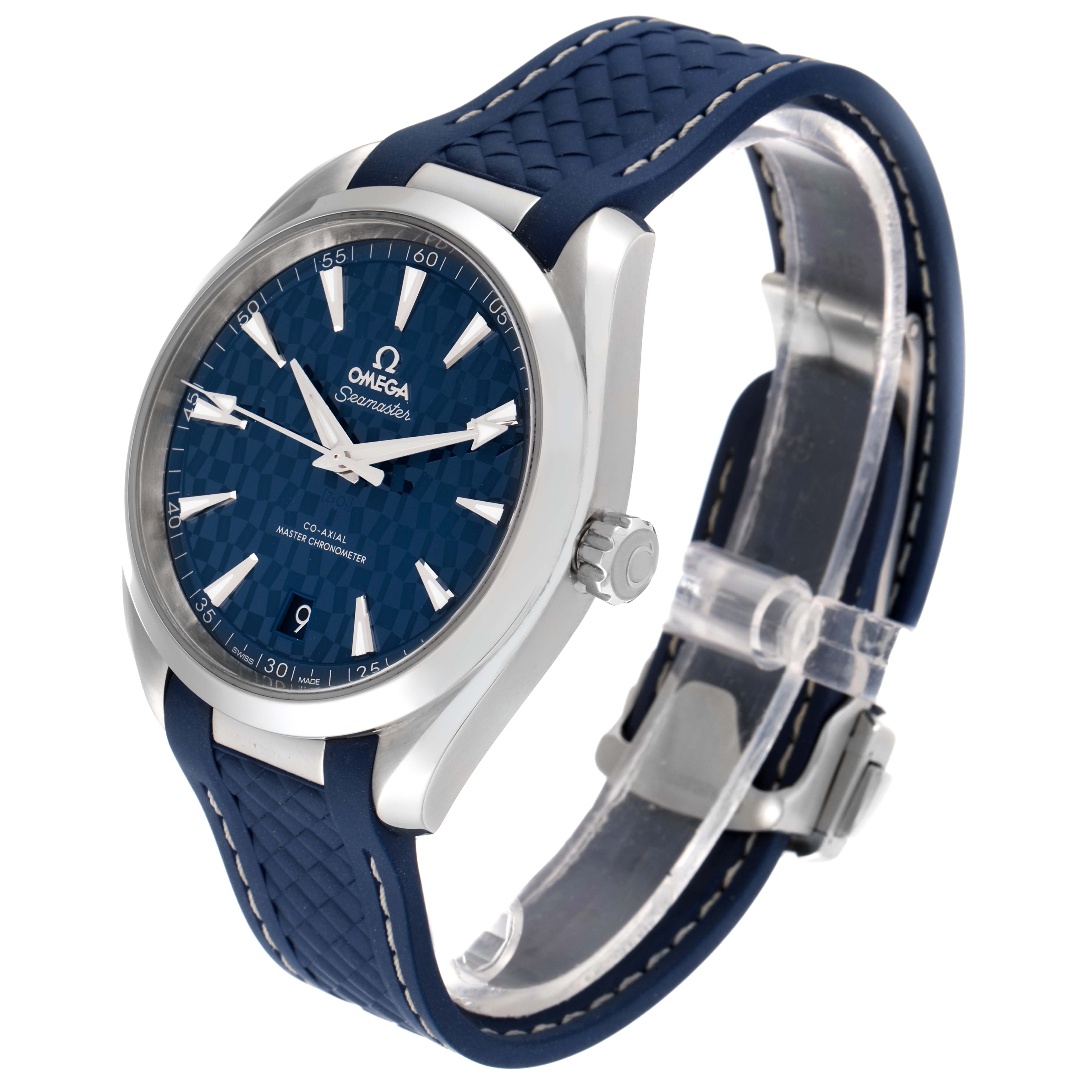 This image shows a side angle of the Omega Aqua Terra 522.12.41.21.03.001 Men's Stainless Steel Blue Dial 522.12.41.21.03.001 Men's Stainless Steel Blue Dial watch, highlighting its blue face and strap, and the watch crown.