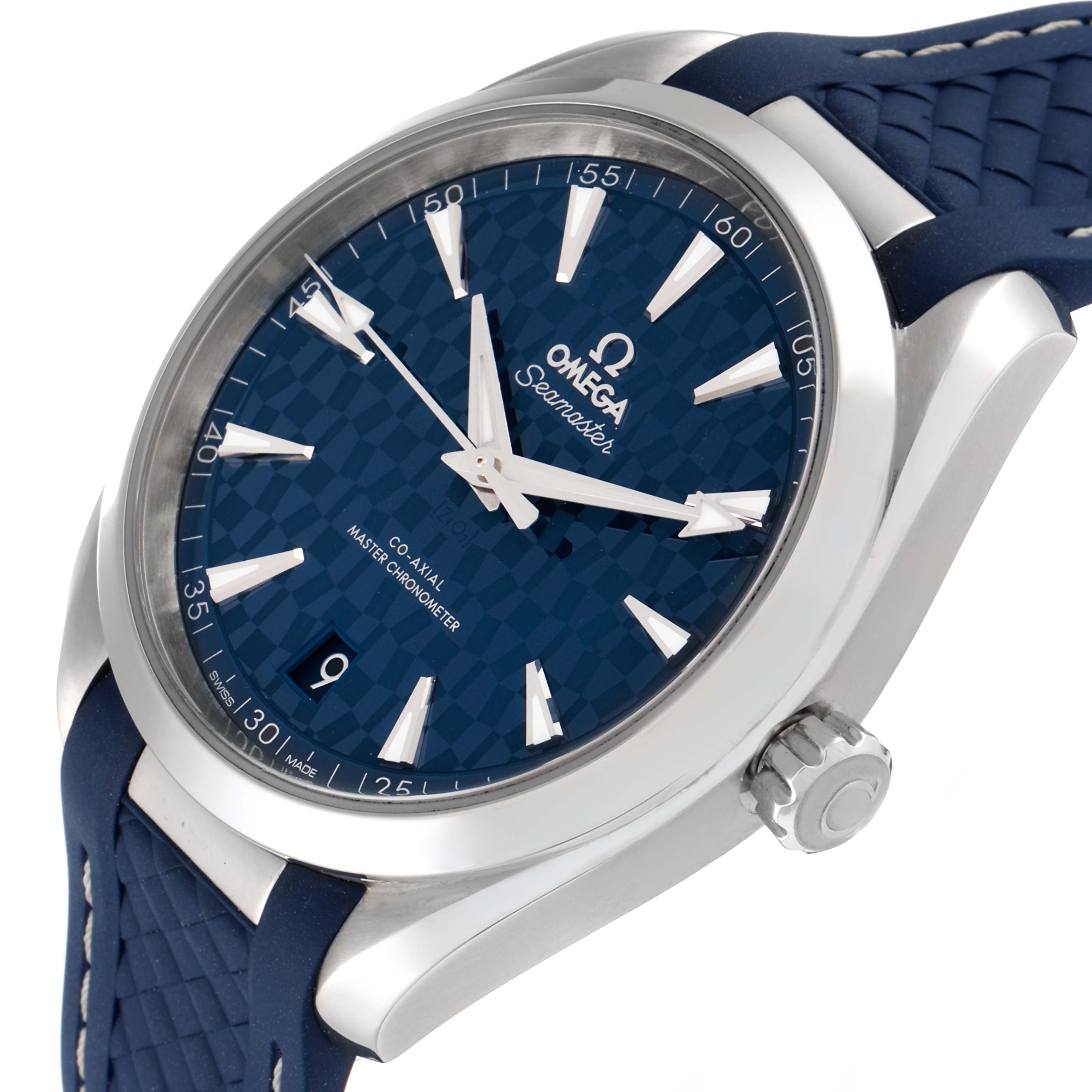 The Omega Aqua Terra 522.12.41.21.03.001 Men's Stainless Steel Blue Dial 522.12.41.21.03.001 Men's Stainless Steel Blue Dial watch is shown at an oblique angle, highlighting its face, bezel, crown, and strap.