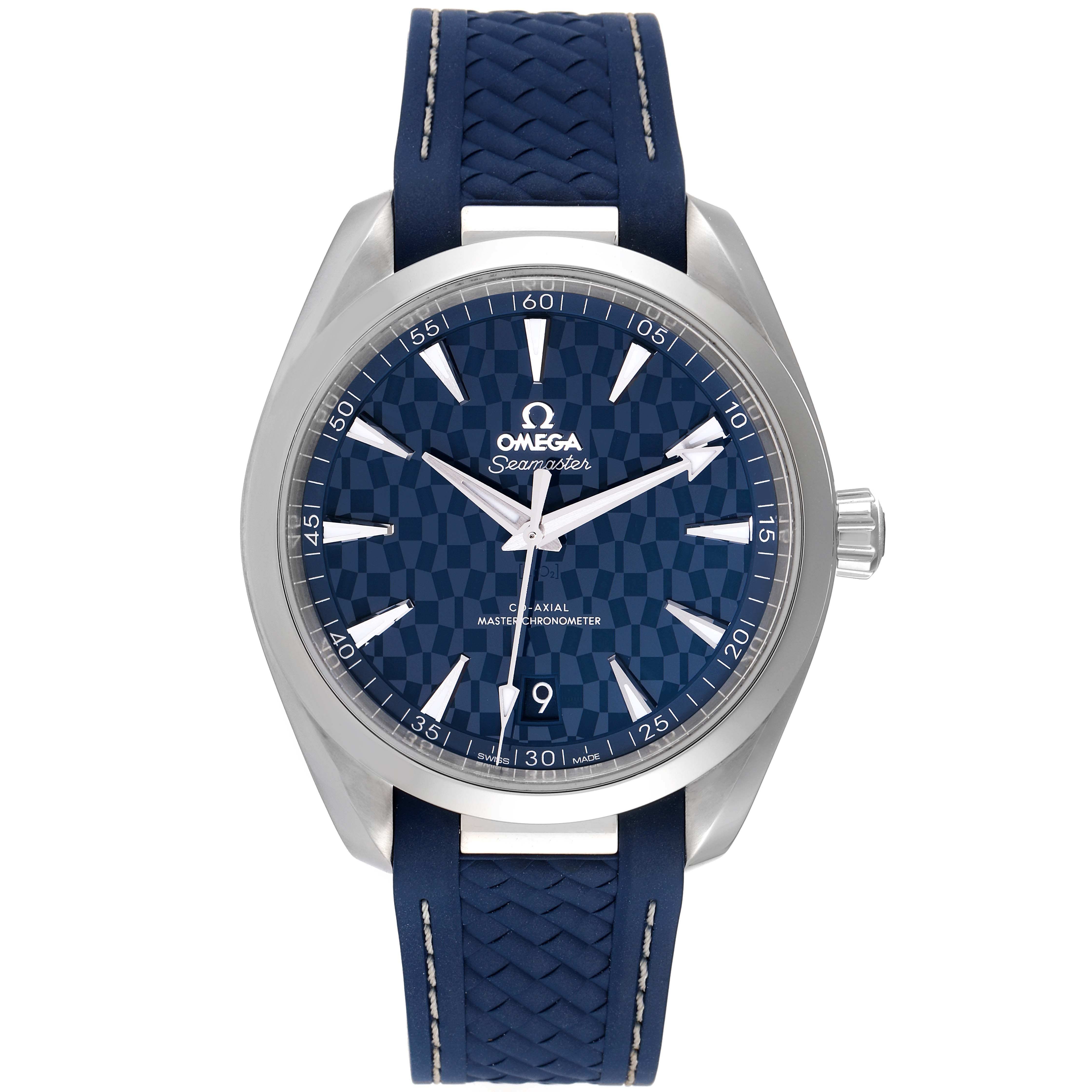 The image shows a front view of the Omega Aqua Terra 522.12.41.21.03.001 Men's Stainless Steel Blue Dial 522.12.41.21.03.001 Men's Stainless Steel Blue Dial watch, highlighting its dial and strap.