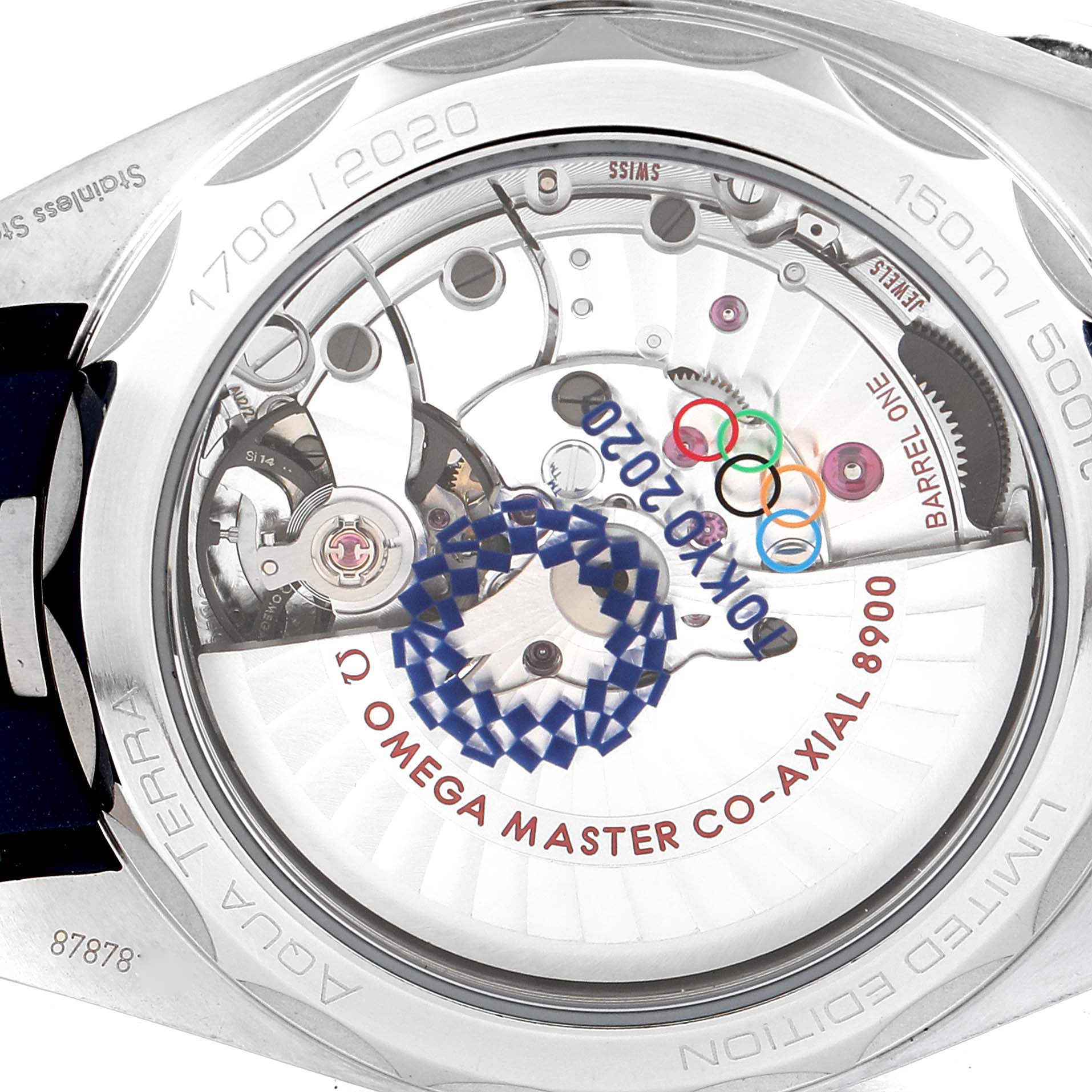The image shows the backside of an Omega Aqua Terra 522.12.41.21.03.001 Men's Stainless Steel Blue Dial 522.12.41.21.03.001 Men's Stainless Steel Blue Dial watch, revealing the internal movement and inscriptions.
