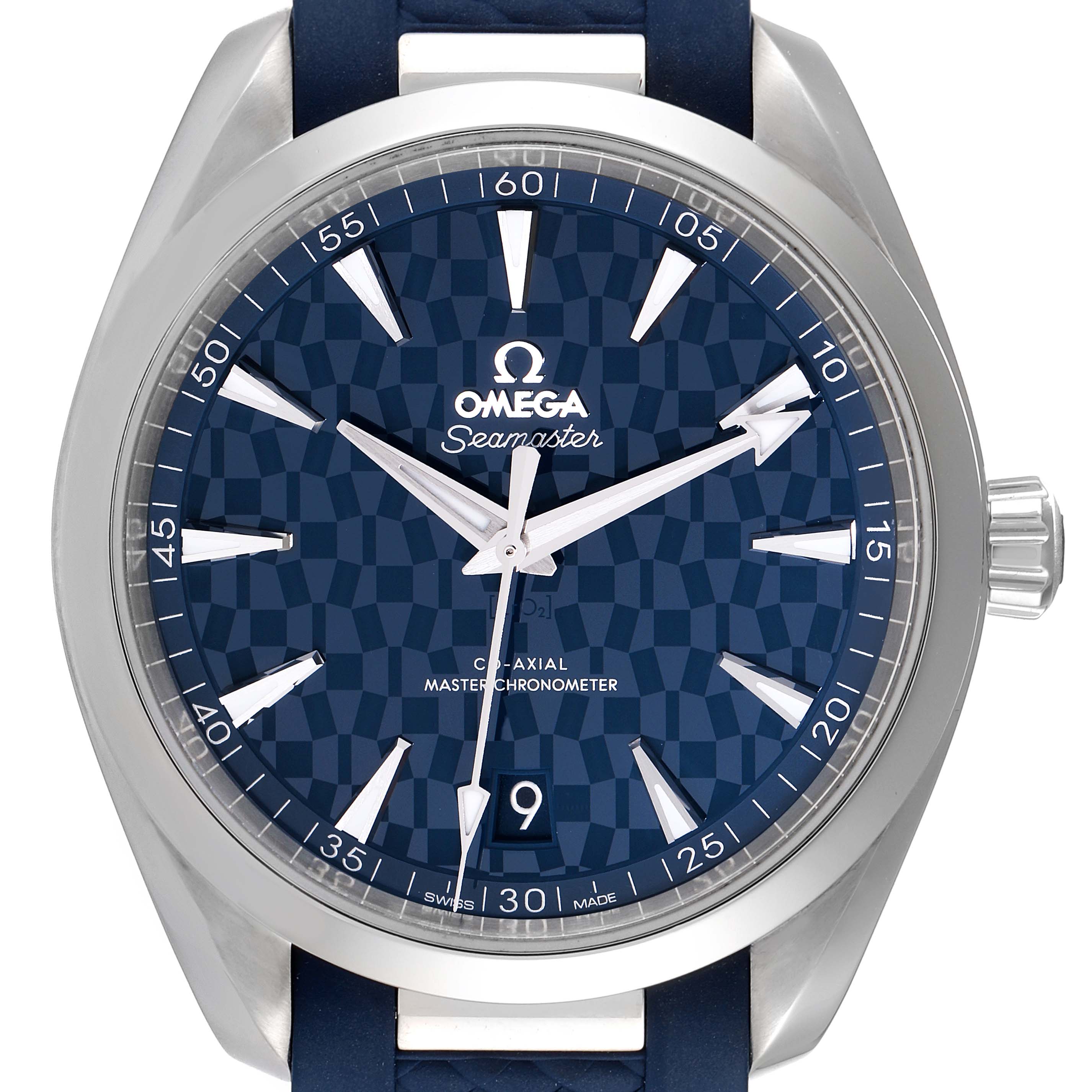 The Aqua Terra model by Omega is shown from a front angle, displaying the face, hands, bezel, and crown.