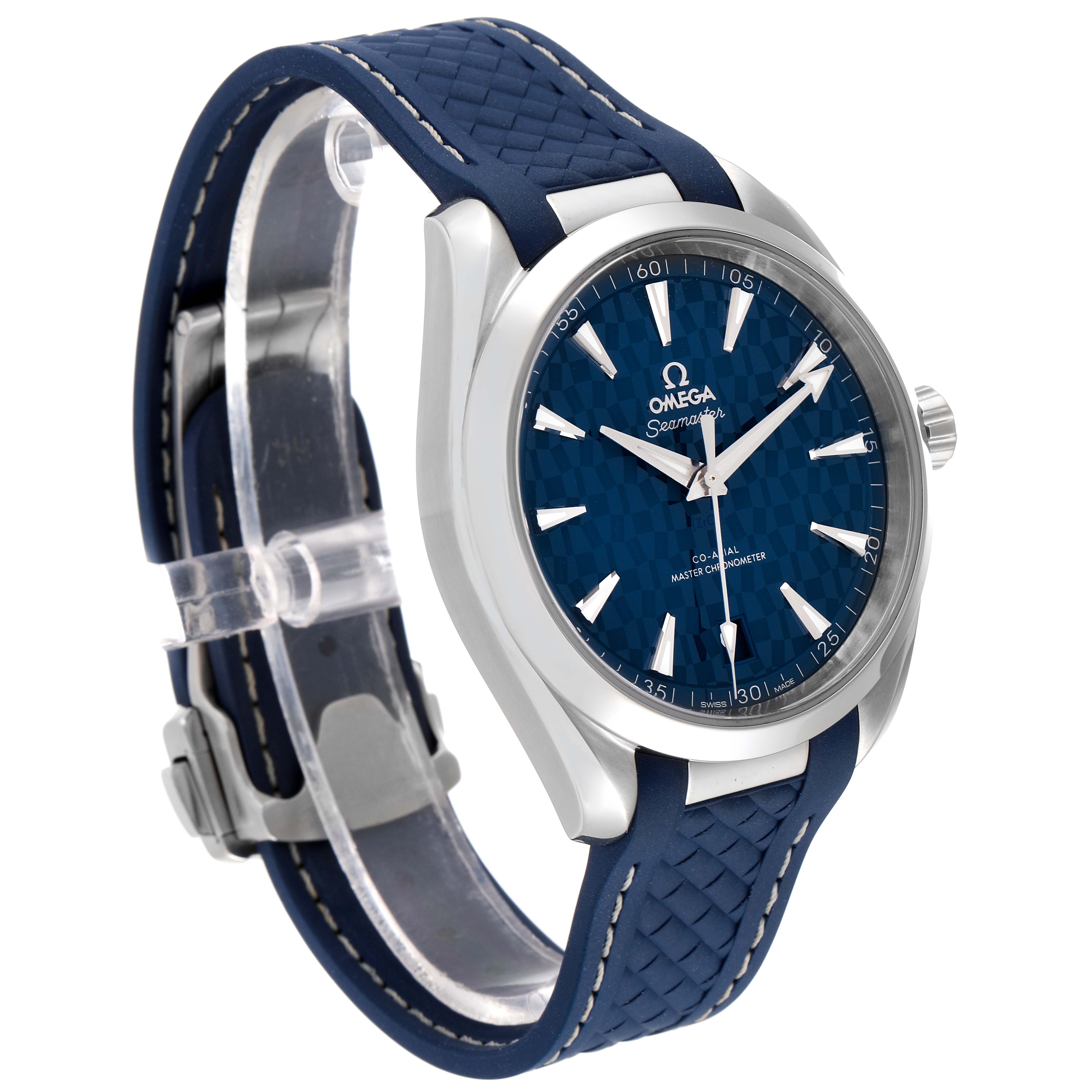 The Omega Aqua Terra 522.12.41.21.03.001 Men's Stainless Steel Blue Dial 522.12.41.21.03.001 Men's Stainless Steel Blue Dial watch is shown at an angle, displaying its face, side profile, and blue strap.