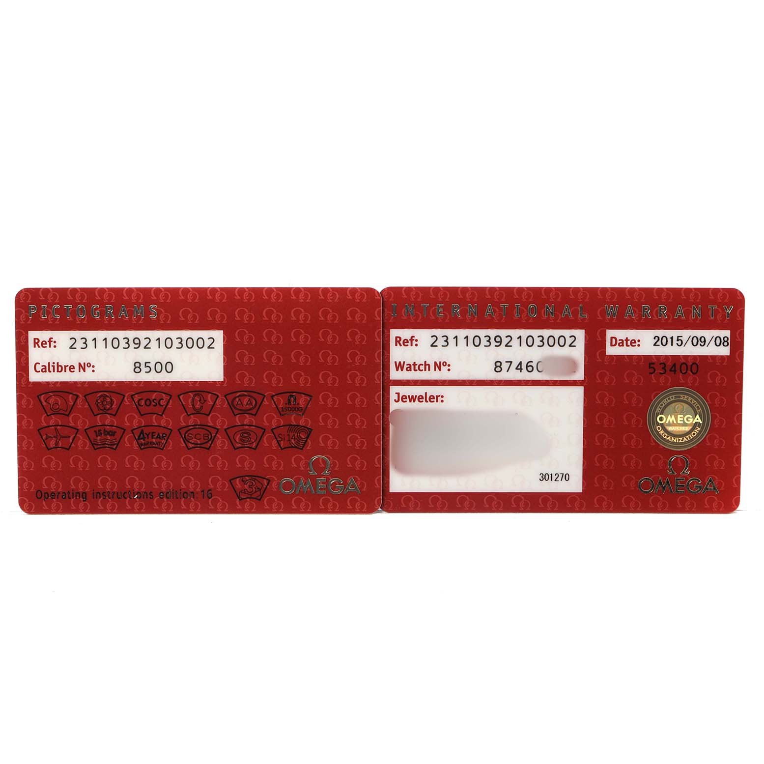 The image shows two red cards, one with pictograms and the other with international warranty details for the Omega Aqua Terra 231.10.39.21.03.002 Men's Stainless Steel Blue Dial.