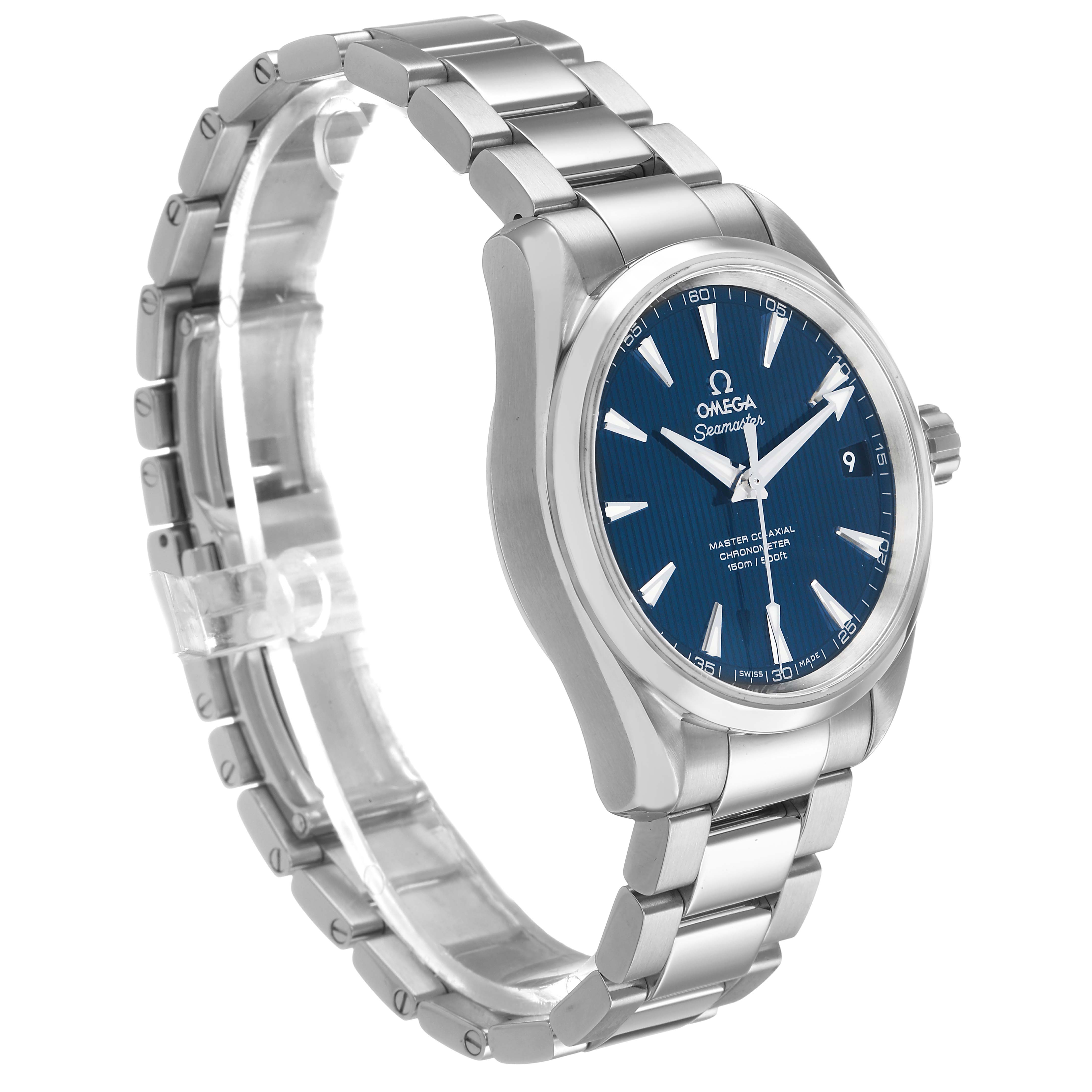 The Omega Aqua Terra 231.10.39.21.03.002 Men's Stainless Steel Blue Dial watch is shown at a three-quarter angle displaying the blue dial, bracelet, and crown.