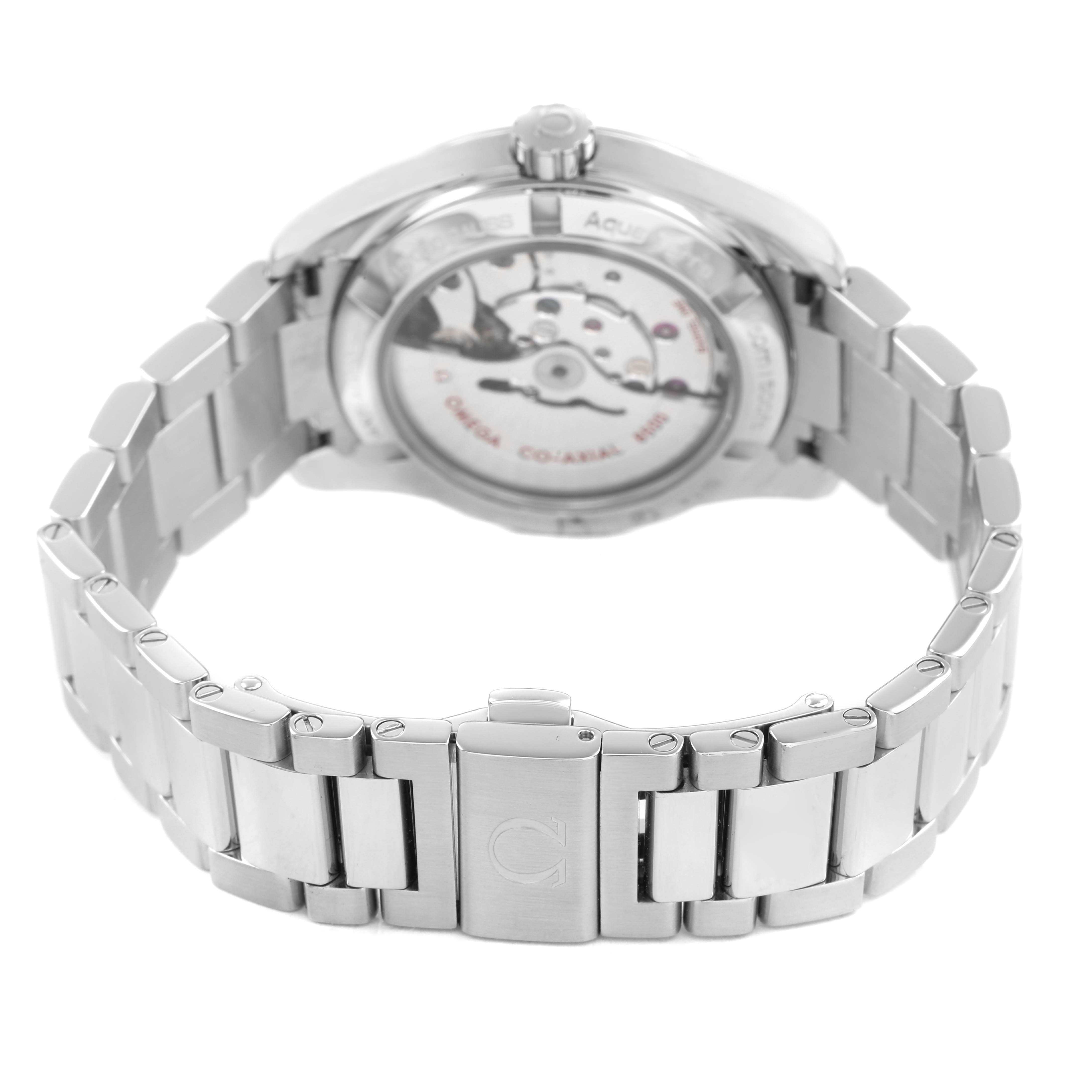The Omega Aqua Terra 231.10.39.21.03.002 Men's Stainless Steel Blue Dial watch is shown from the back angle, highlighting its metal bracelet and clear case back.