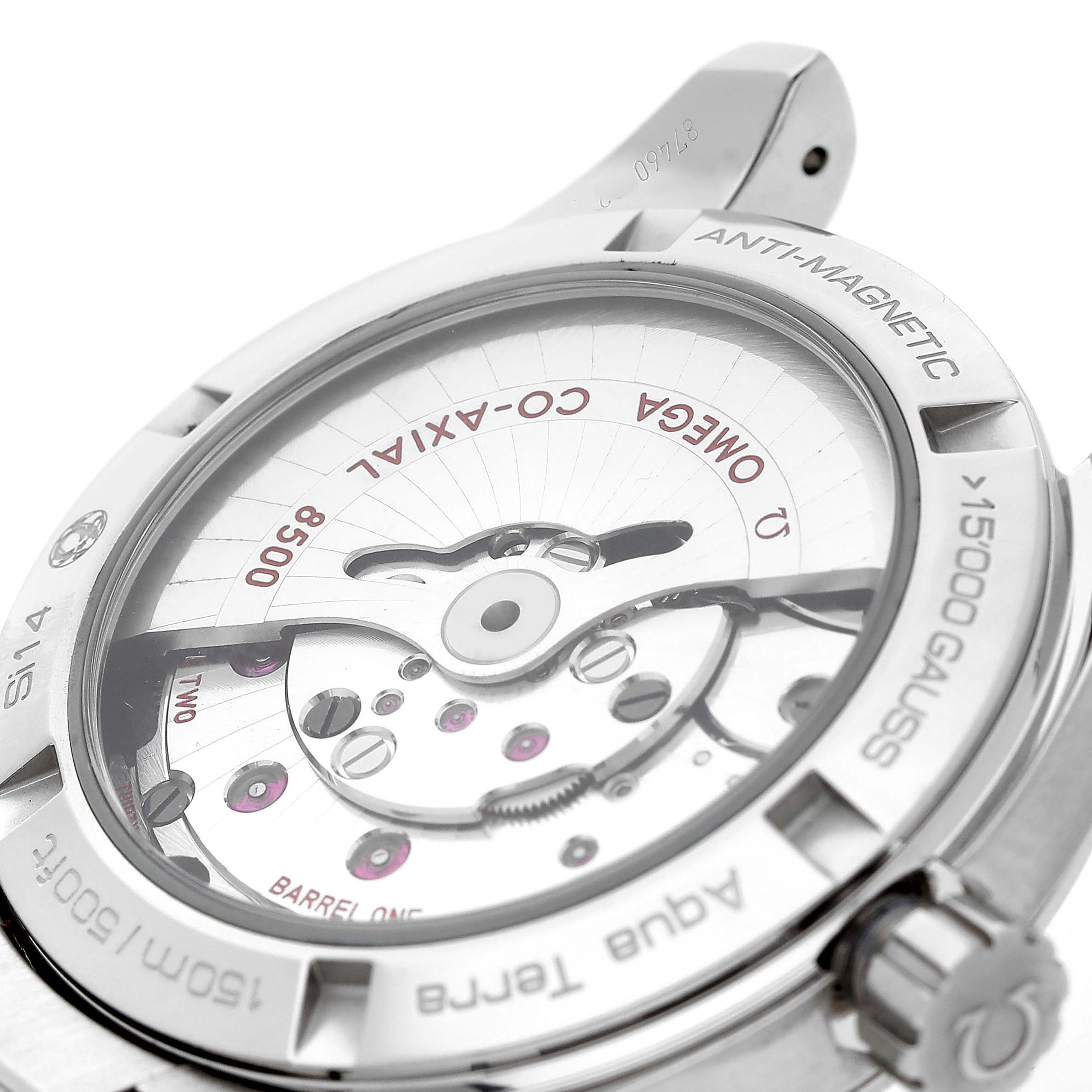 The image shows the back of the Omega Aqua Terra 231.10.39.21.03.002 Men's Stainless Steel Blue Dial watch, highlighting the anti-magnetic movement and details of the case back.