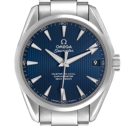 The Omega Aqua Terra 231.10.39.21.03.002 Men's Stainless Steel Blue Dial watch is shown from a front angle, highlighting the blue dial, hands, date window, and bracelet.
