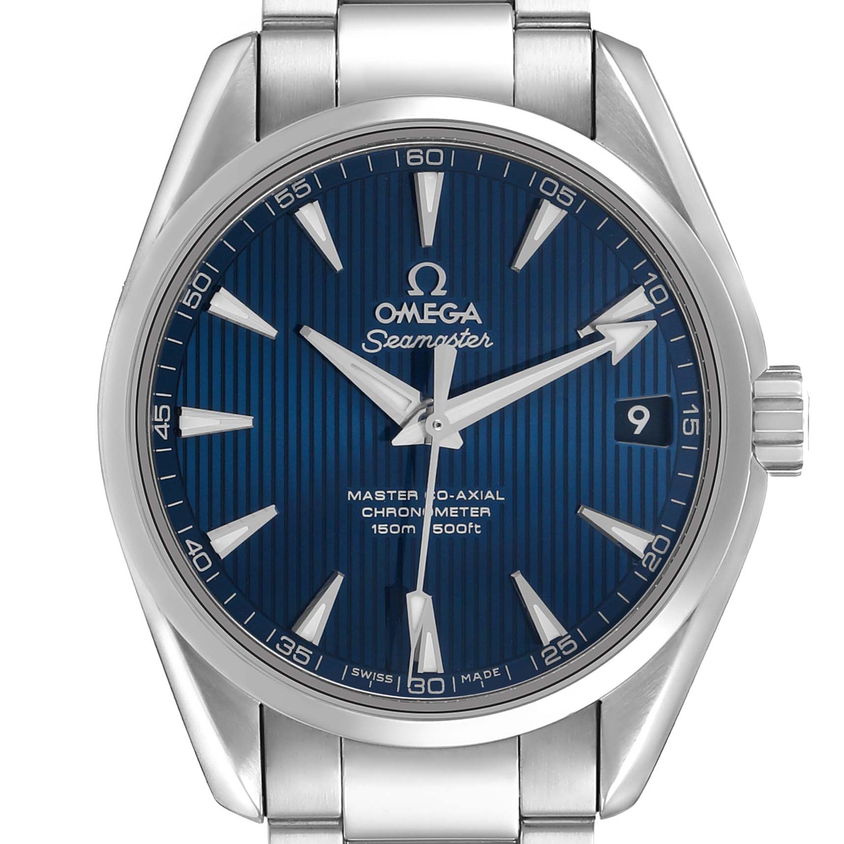 The image shows a frontal view of the Omega Aqua Terra 231.10.39.21.03.002 Men's Stainless Steel Blue Dial watch, highlighting the dial, markers, hands, and stainless steel bracelet.
