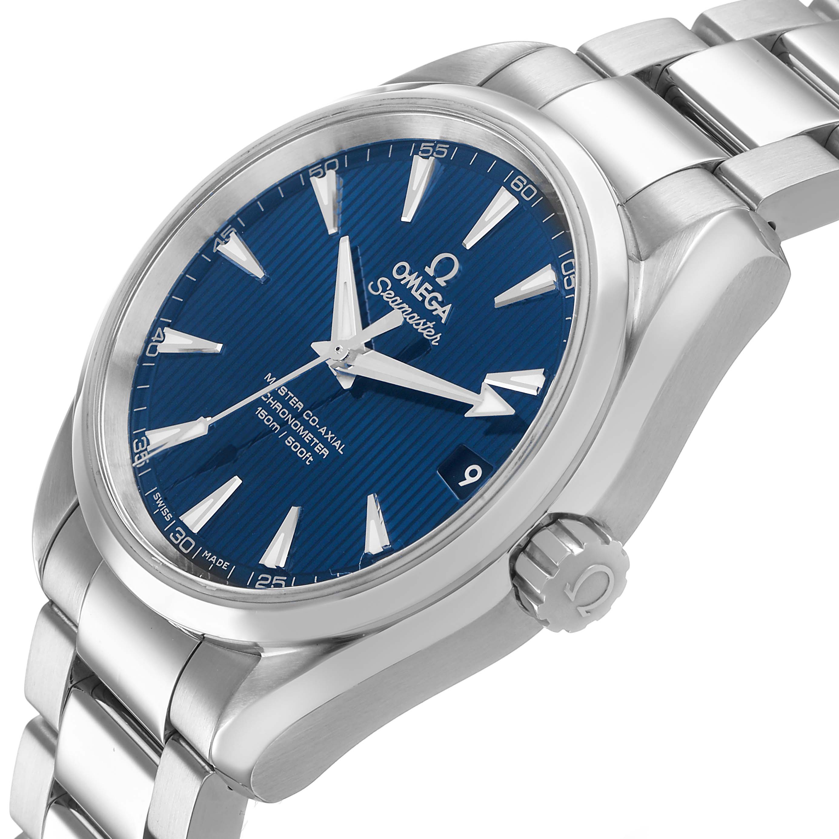 The Omega Aqua Terra 231.10.39.21.03.002 Men's Stainless Steel Blue Dial watch is shown from a three-quarter angle highlighting the blue dial, case, and metal bracelet.