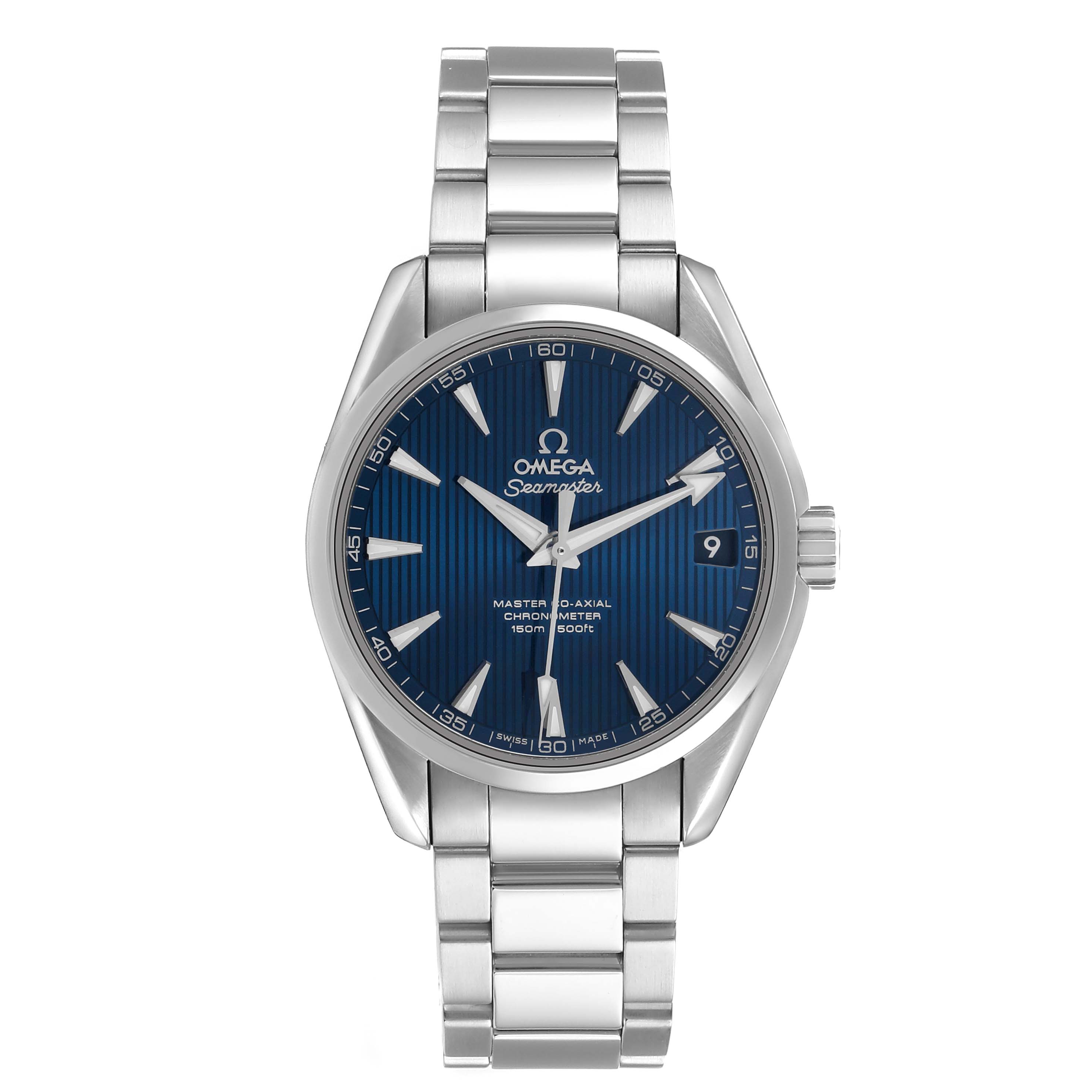 The Omega Aqua Terra 231.10.39.21.03.002 Men's Stainless Steel Blue Dial watch is shown from a front angle, highlighting the face, dial, and metal bracelet.