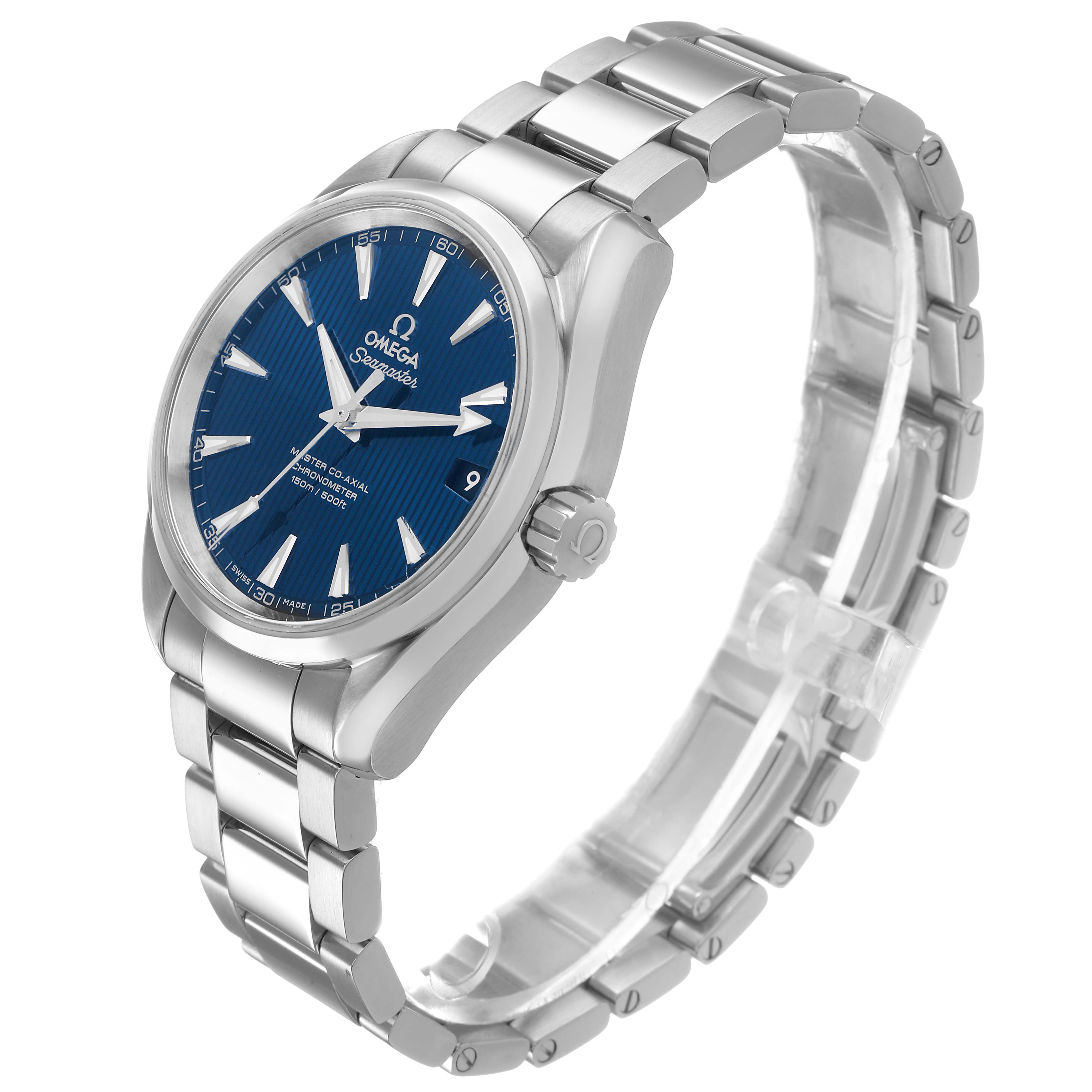 The Omega Aqua Terra 231.10.39.21.03.002 Men's Stainless Steel Blue Dial watch is shown at a three-quarter angle, highlighting the blue dial, stainless steel case, and bracelet.