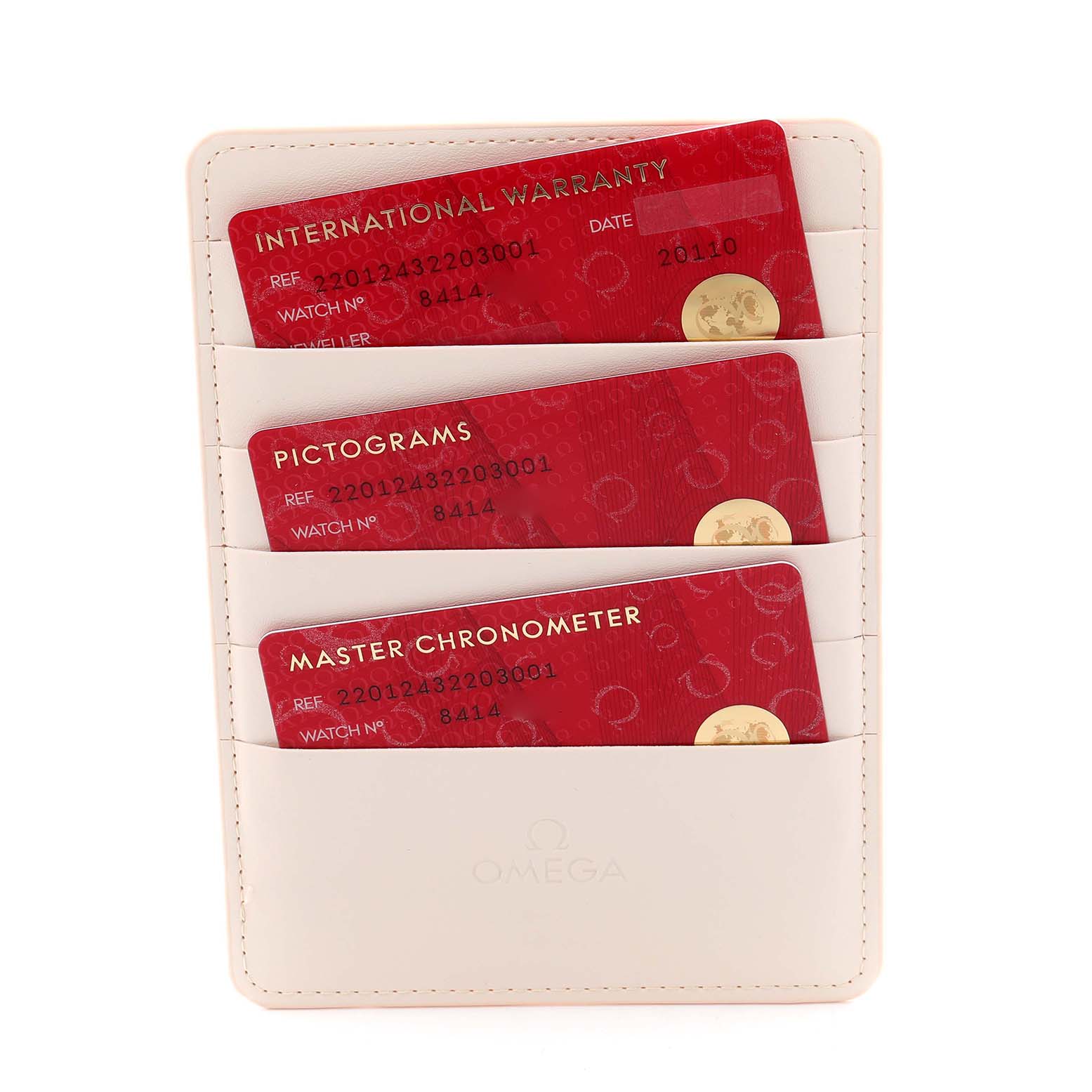 The image shows the warranty and certification cards for the Omega Aqua Terra 220.12.43.22.03.001 Men
s Stainless Steel Blue Dial 220.12.43.22.03.001 Men
s Stainless Steel Blue Dial model in a branded holder.