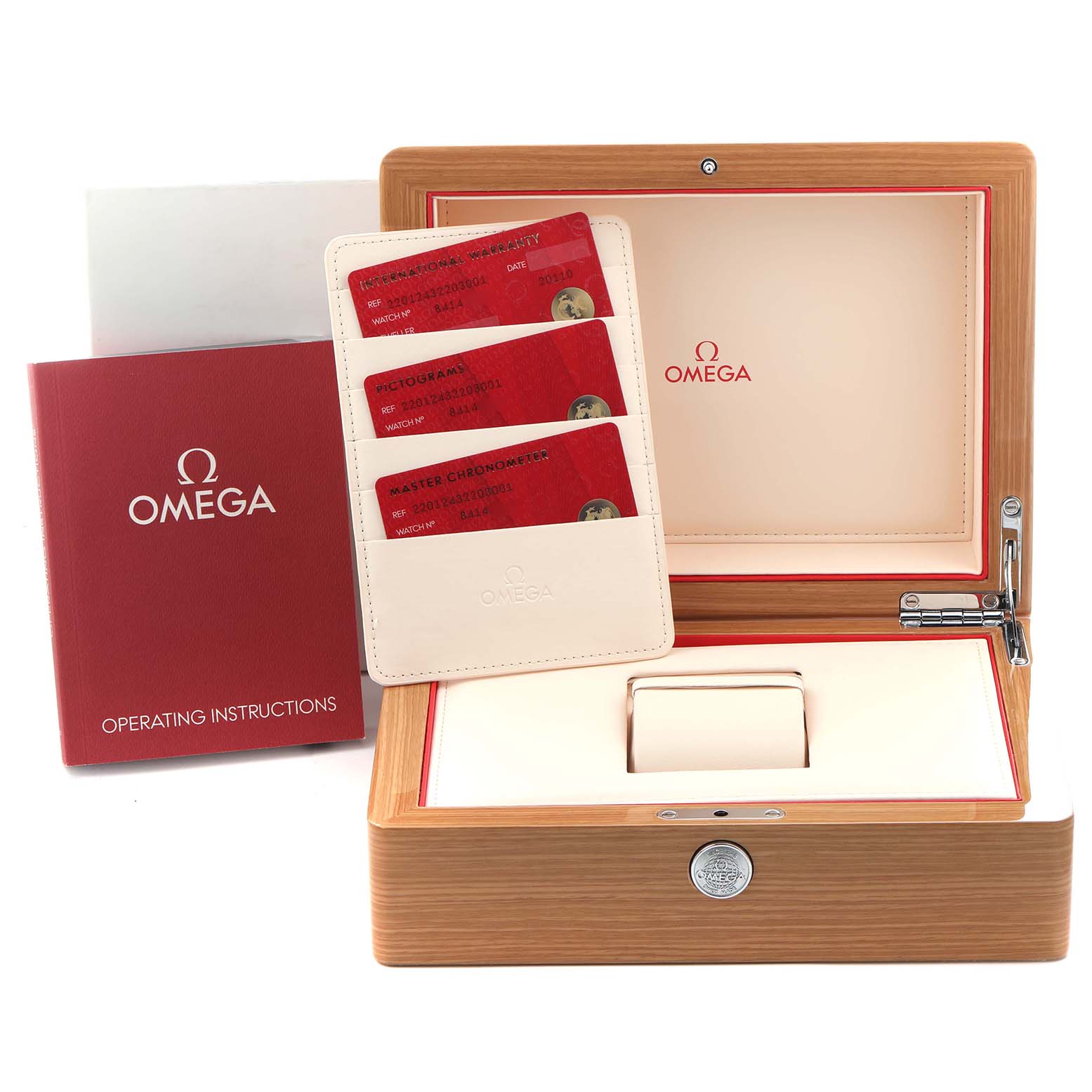 The image shows the Omega Aqua Terra 220.12.43.22.03.001 Men
s Stainless Steel Blue Dial 220.12.43.22.03.001 Men
s Stainless Steel Blue Dial
s packaging with an open box, user manual, and warranty cards displayed.