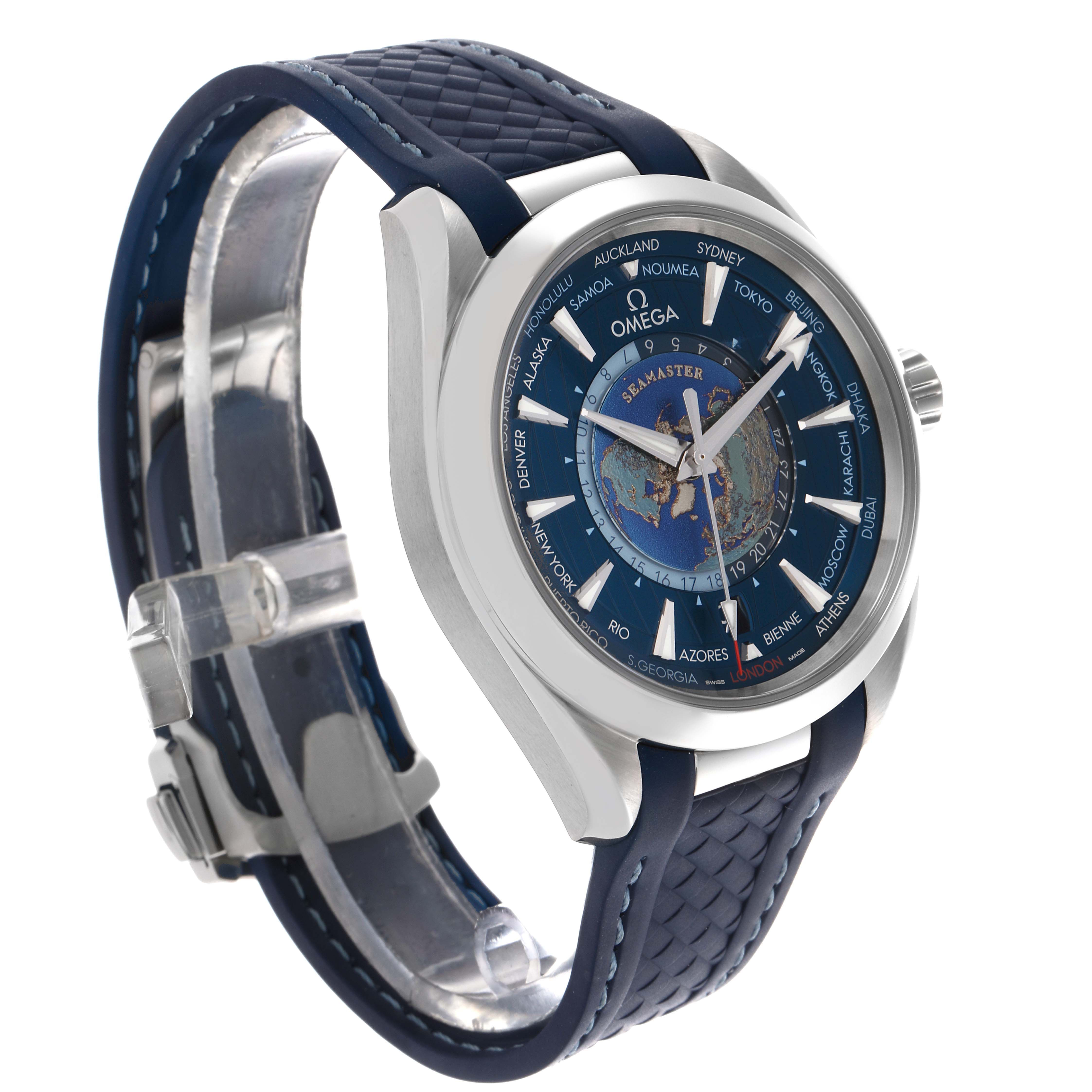 The Omega Aqua Terra 220.12.43.22.03.001 Men
s Stainless Steel Blue Dial 220.12.43.22.03.001 Men
s Stainless Steel Blue Dial watch is shown at a three-quarter angle, highlighting its face, bezel, and blue strap.