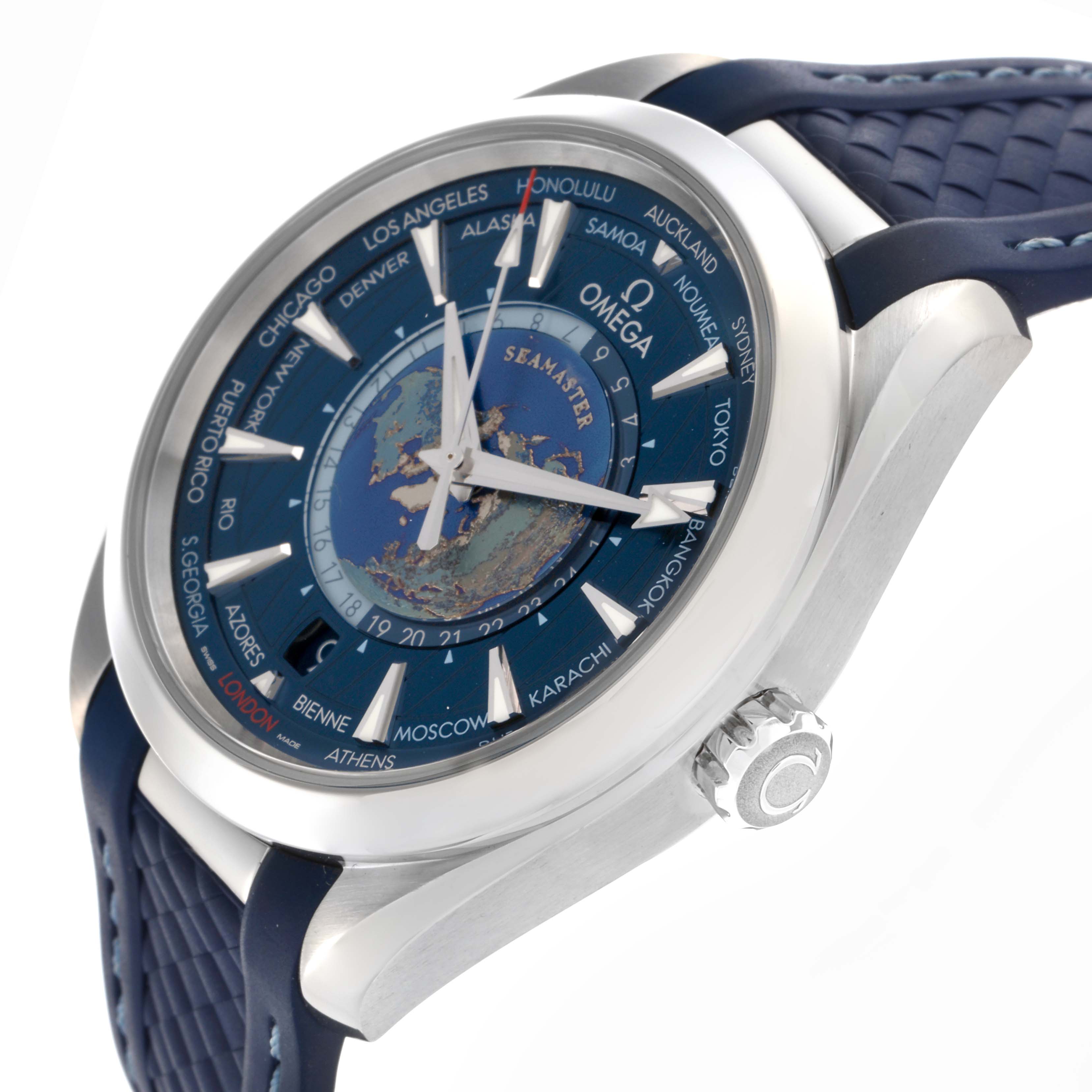 The Omega Aqua Terra 220.12.43.22.03.001 Men
s Stainless Steel Blue Dial 220.12.43.22.03.001 Men
s Stainless Steel Blue Dial watch is shown at an oblique angle highlighting the dial, bezel, and crown with a blue strap.