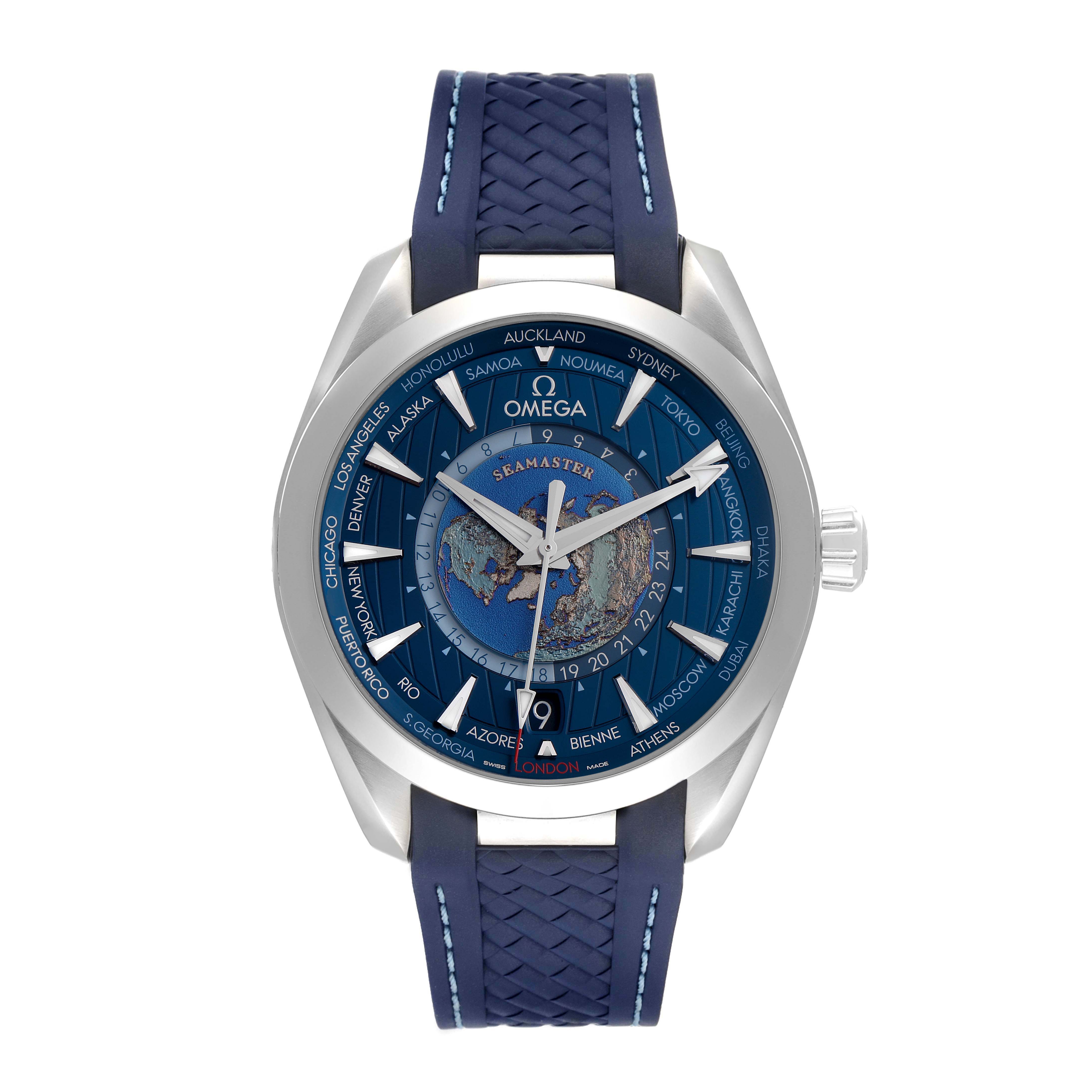 The Omega Aqua Terra 220.12.43.22.03.001 Men
s Stainless Steel Blue Dial 220.12.43.22.03.001 Men
s Stainless Steel Blue Dial watch is shown from the front, displaying the face, hands, bezel, and blue strap.