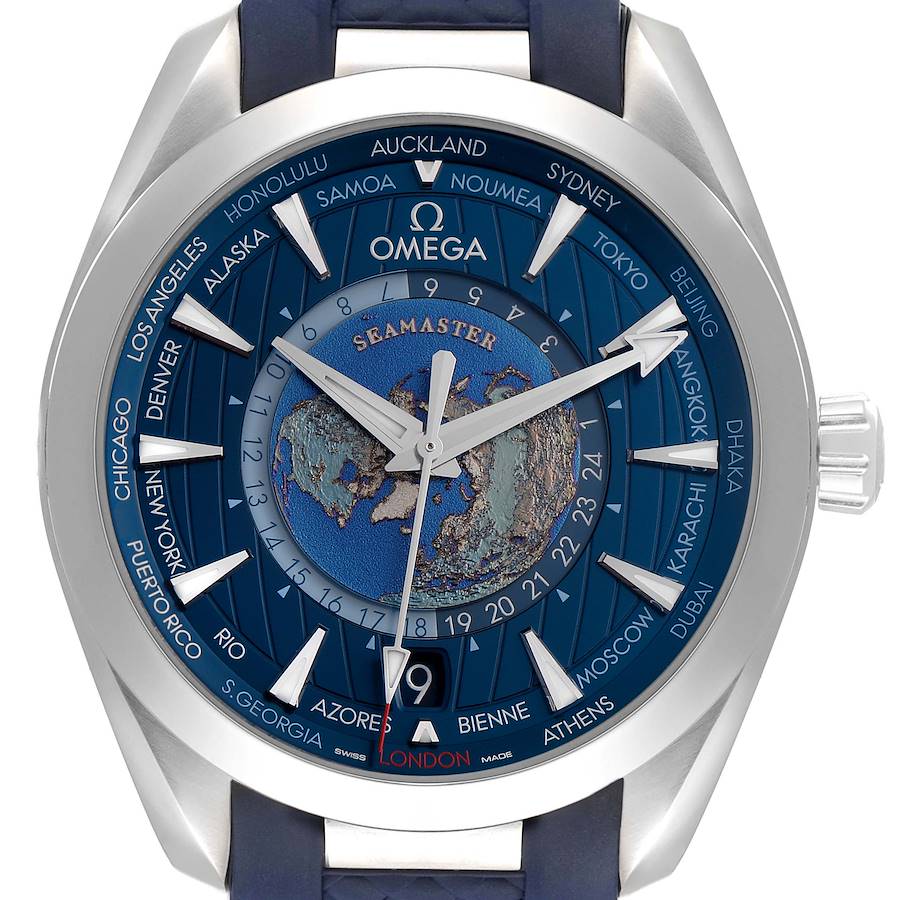 The image shows the Omega Aqua Terra watch face, featuring a world map, prominent hour markers, and the crown on the right.