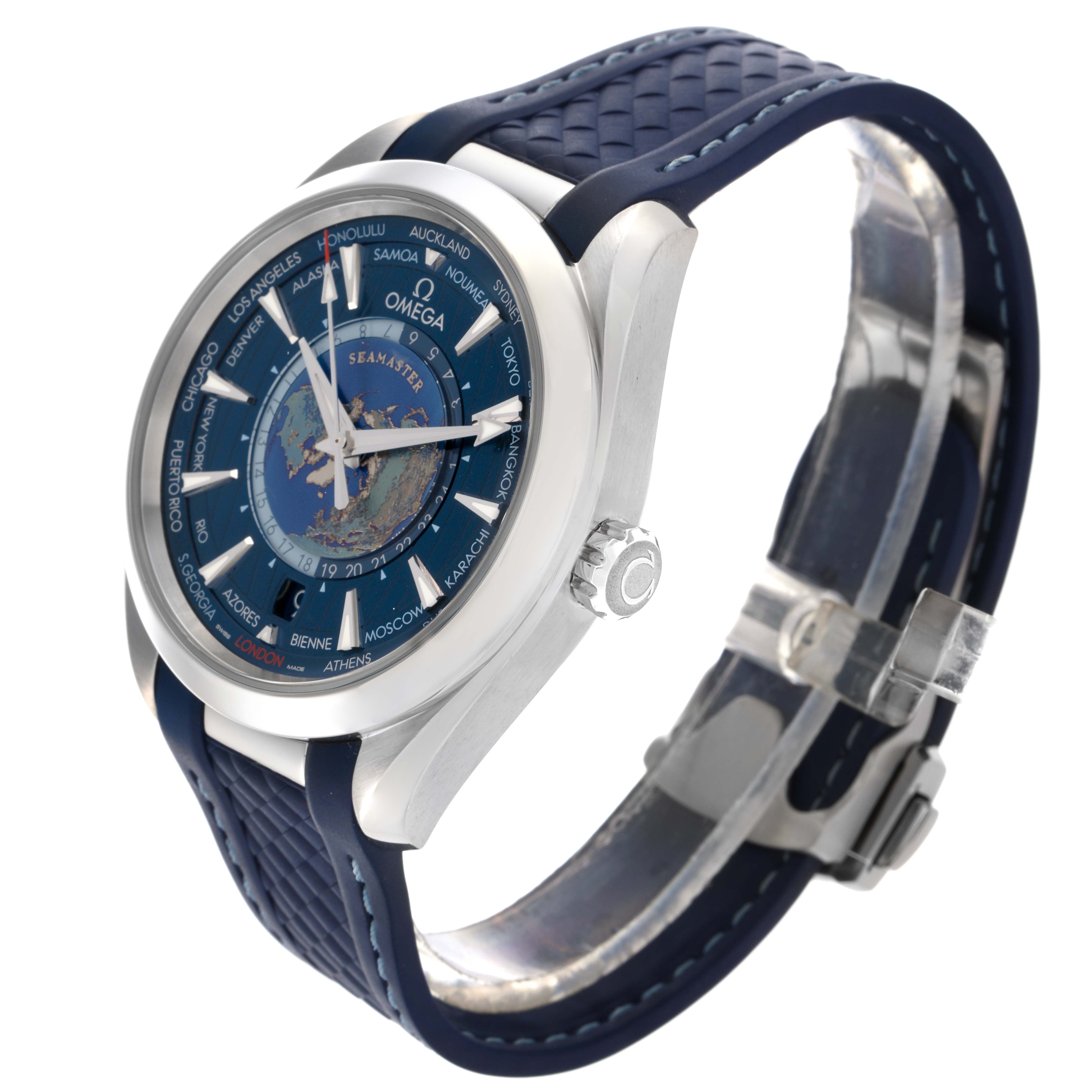 The Omega Aqua Terra 220.12.43.22.03.001 Men
s Stainless Steel Blue Dial 220.12.43.22.03.001 Men
s Stainless Steel Blue Dial watch is shown at an angle highlighting the face, bezel, crown, and blue strap.