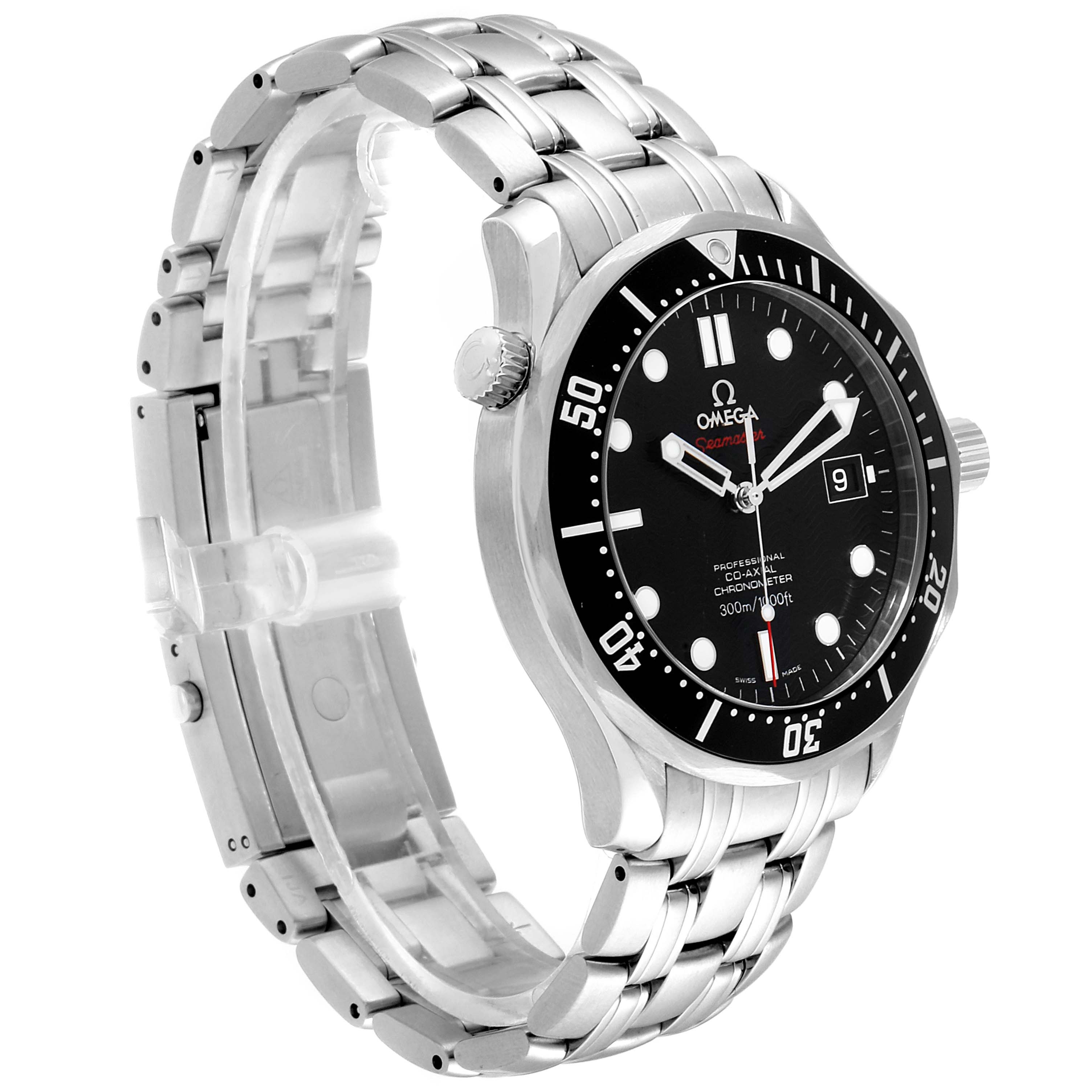 The image shows a side angle of the Omega Seamaster 212.30.41.20.01.002 Men
s Stainless Steel Black Dial 212.30.41.20.01.002 Men
s Stainless Steel Black Dial watch, highlighting the stainless steel bracelet, bezel, and dial with markers.