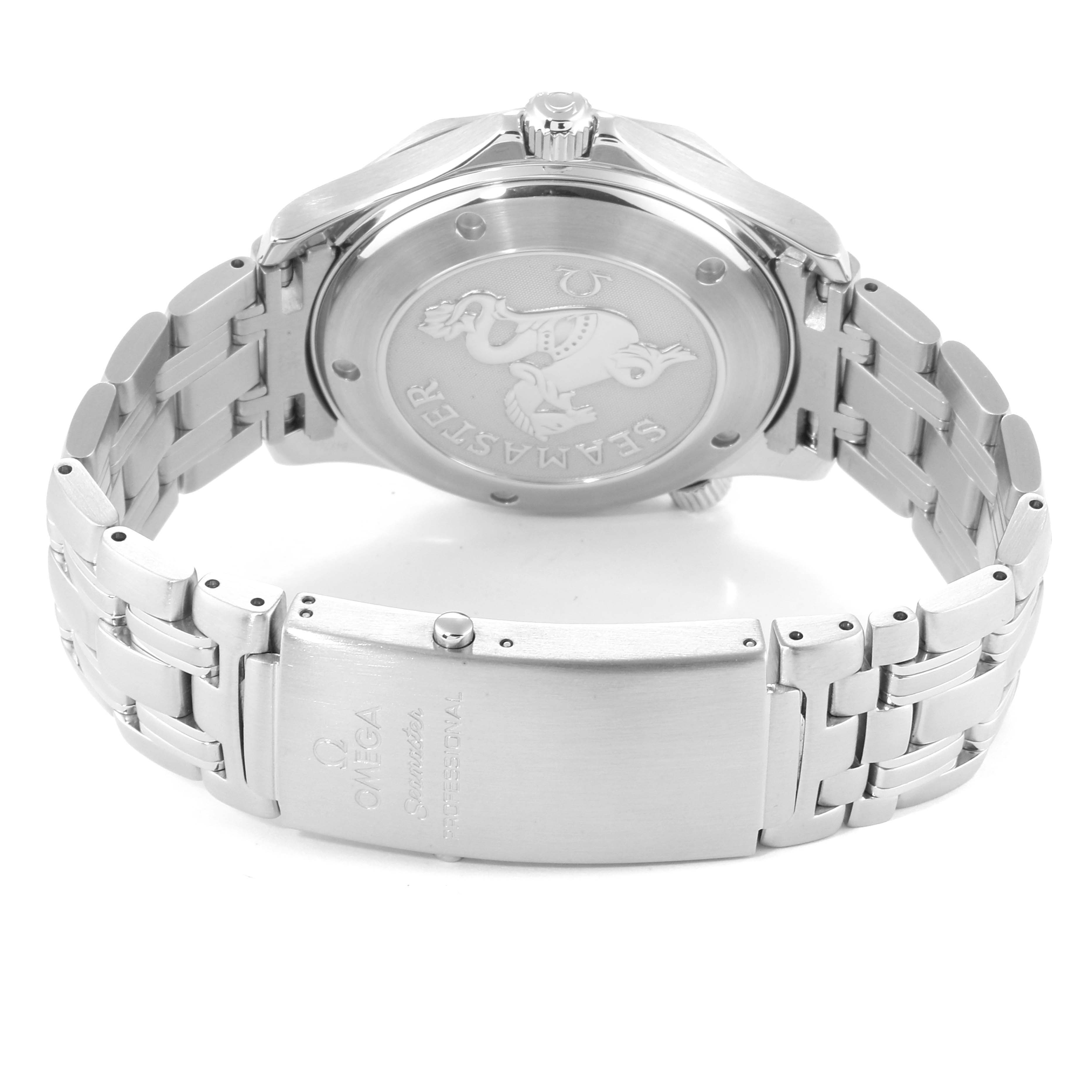 The image shows the back and clasp of the Omega Seamaster 212.30.41.20.01.002 Men
s Stainless Steel Black Dial 212.30.41.20.01.002 Men
s Stainless Steel Black Dial watch, highlighting its engraved case back and metal bracelet.