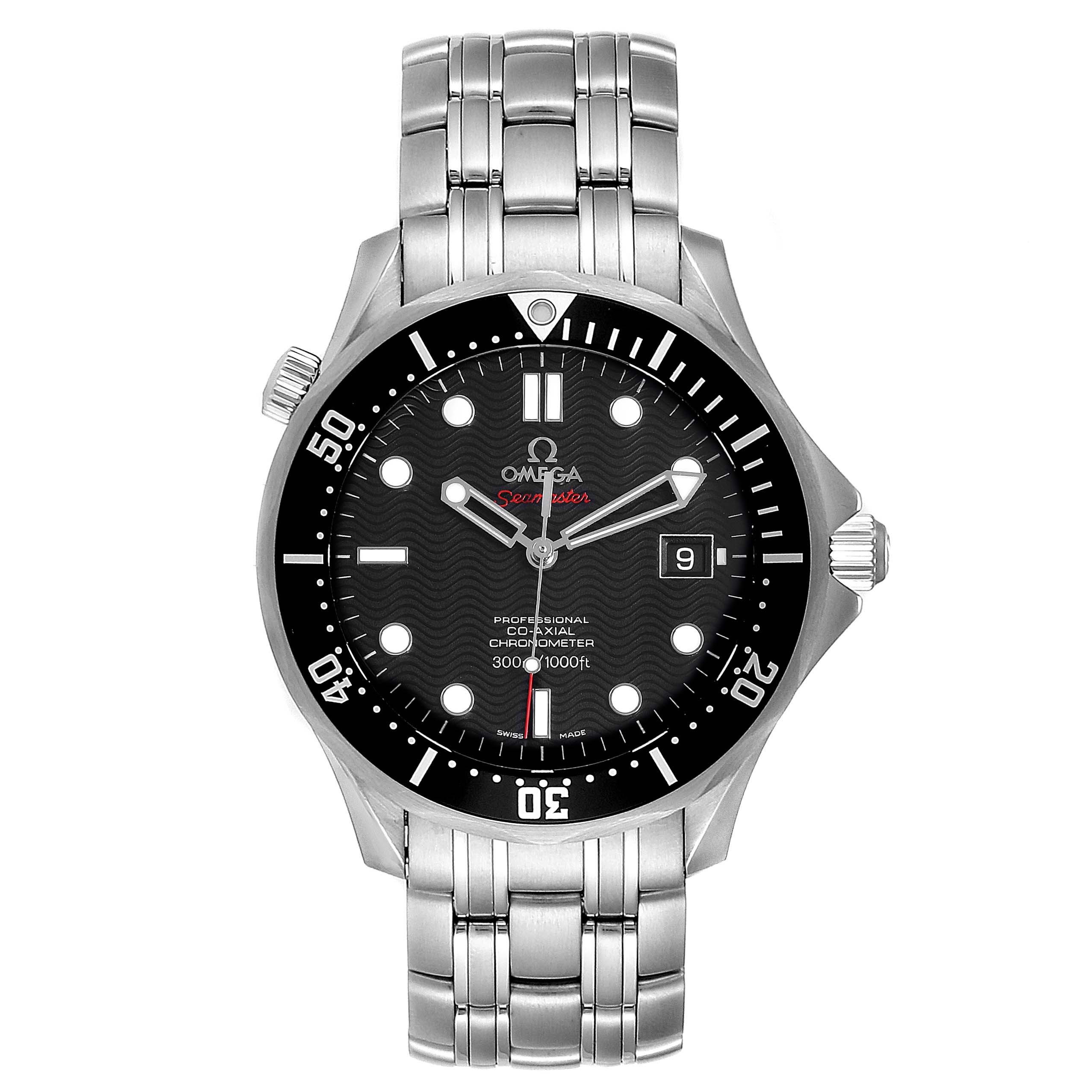 The image shows a front view of the Omega Seamaster 212.30.41.20.01.002 Men
s Stainless Steel Black Dial 212.30.41.20.01.002 Men
s Stainless Steel Black Dial watch, showcasing its dial, bezel, and metal bracelet.