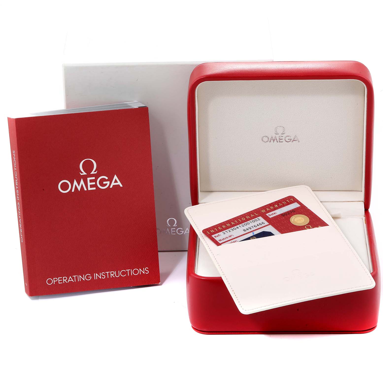 The image shows the packaging for an Omega Seamaster 212.30.41.20.01.002 Men
s Stainless Steel Black Dial 212.30.41.20.01.002 Men
s Stainless Steel Black Dial watch, including a red operating instructions booklet, warranty cards, and a red watch box.