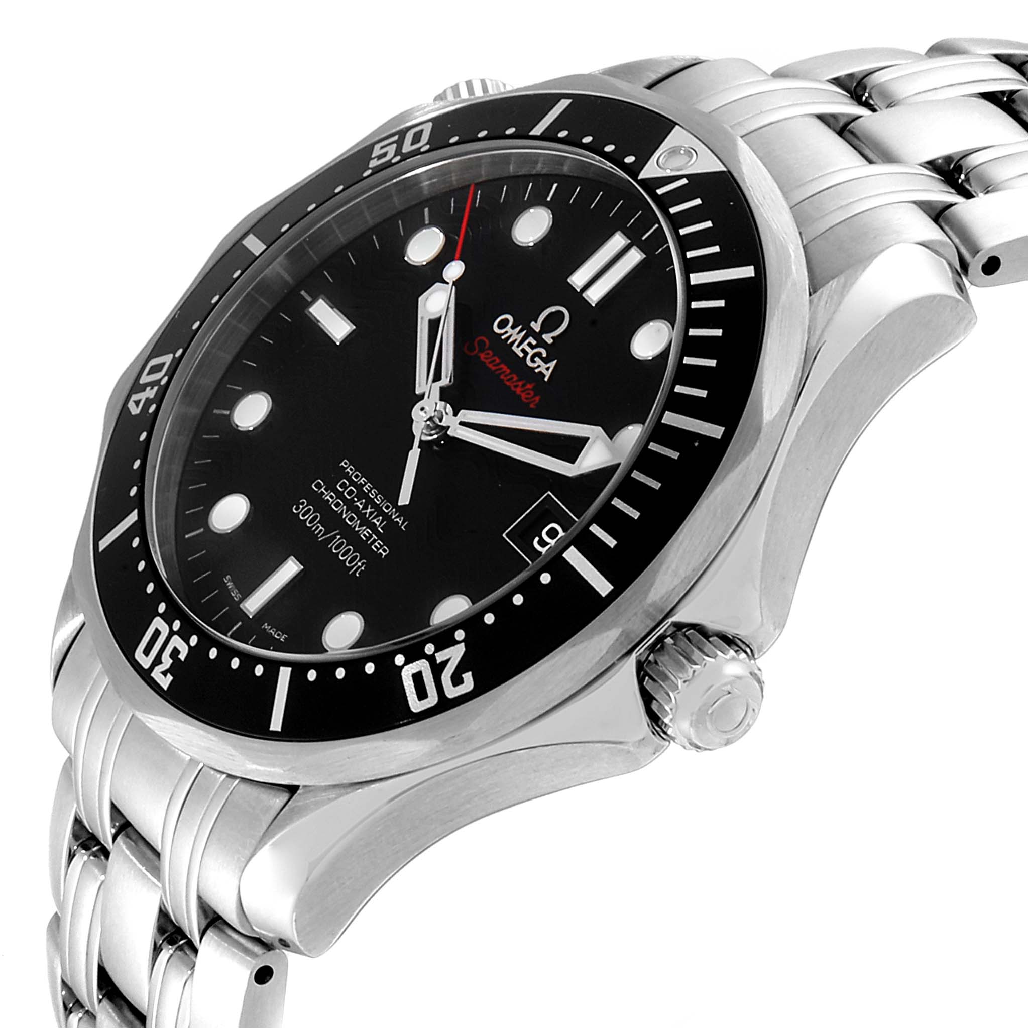 The image shows a side-angle view of the Omega Seamaster 212.30.41.20.01.002 Men
s Stainless Steel Black Dial 212.30.41.20.01.002 Men
s Stainless Steel Black Dial watch, highlighting the bezel, dial, crown, and bracelet.