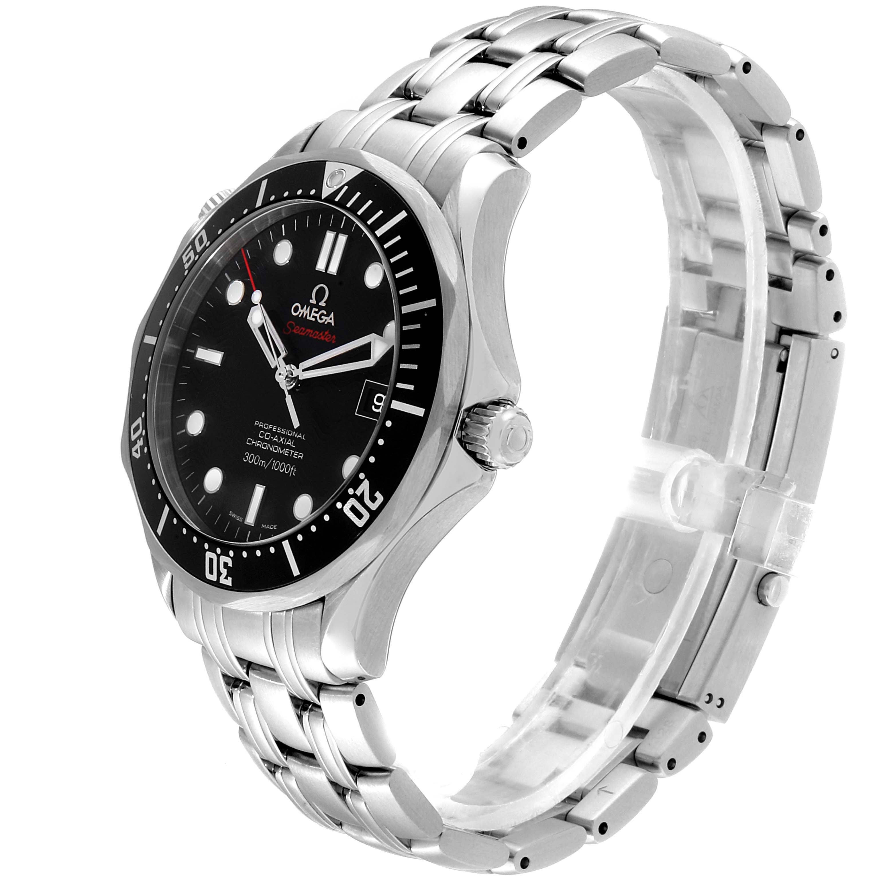 The image shows a side angle of the Omega Seamaster 212.30.41.20.01.002 Men
s Stainless Steel Black Dial 212.30.41.20.01.002 Men
s Stainless Steel Black Dial watch, highlighting its black dial, bezel, stainless steel case, and bracelet.