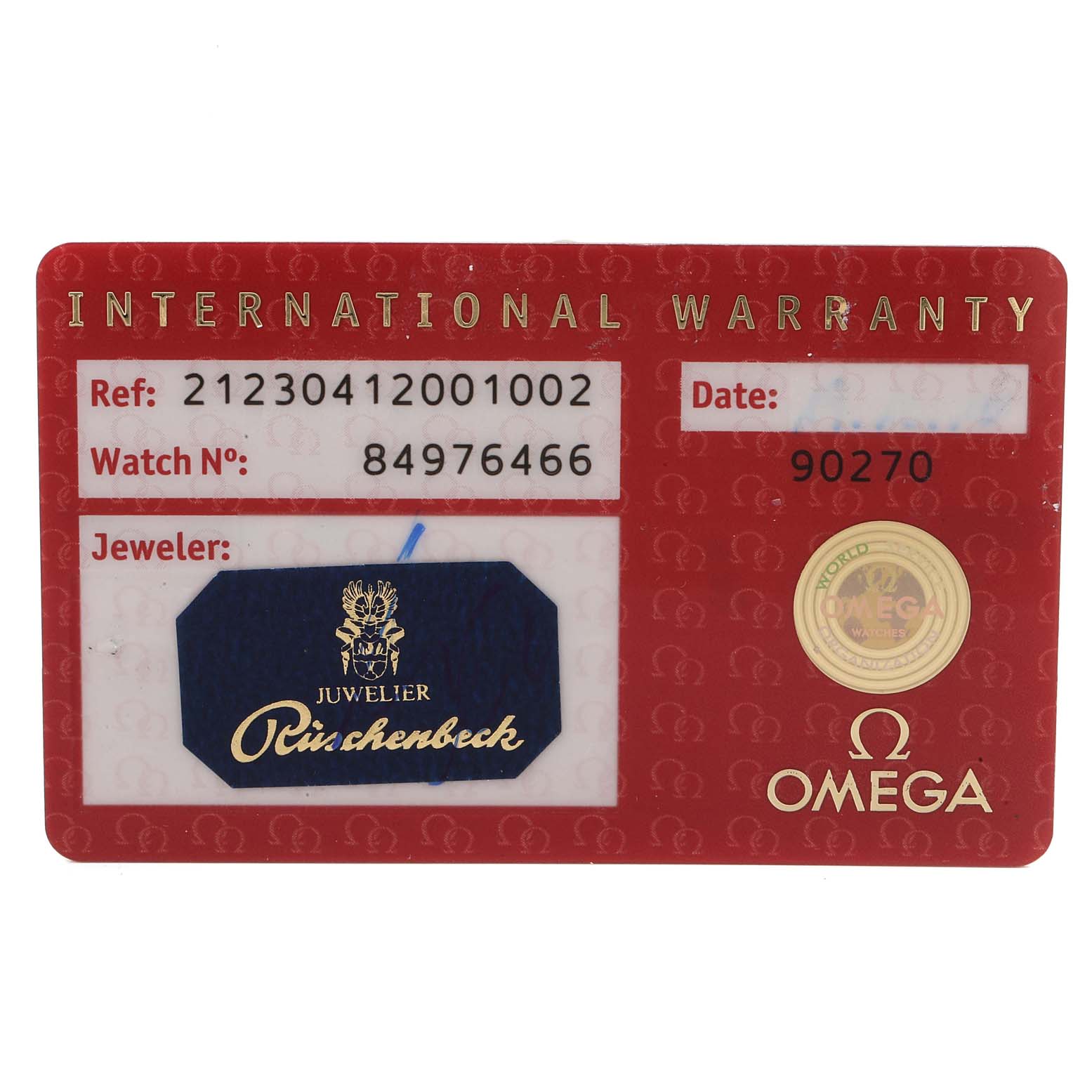 This image shows the International Warranty card for the Omega Seamaster 212.30.41.20.01.002 Men
s Stainless Steel Black Dial 212.30.41.20.01.002 Men
s Stainless Steel Black Dial watch model.