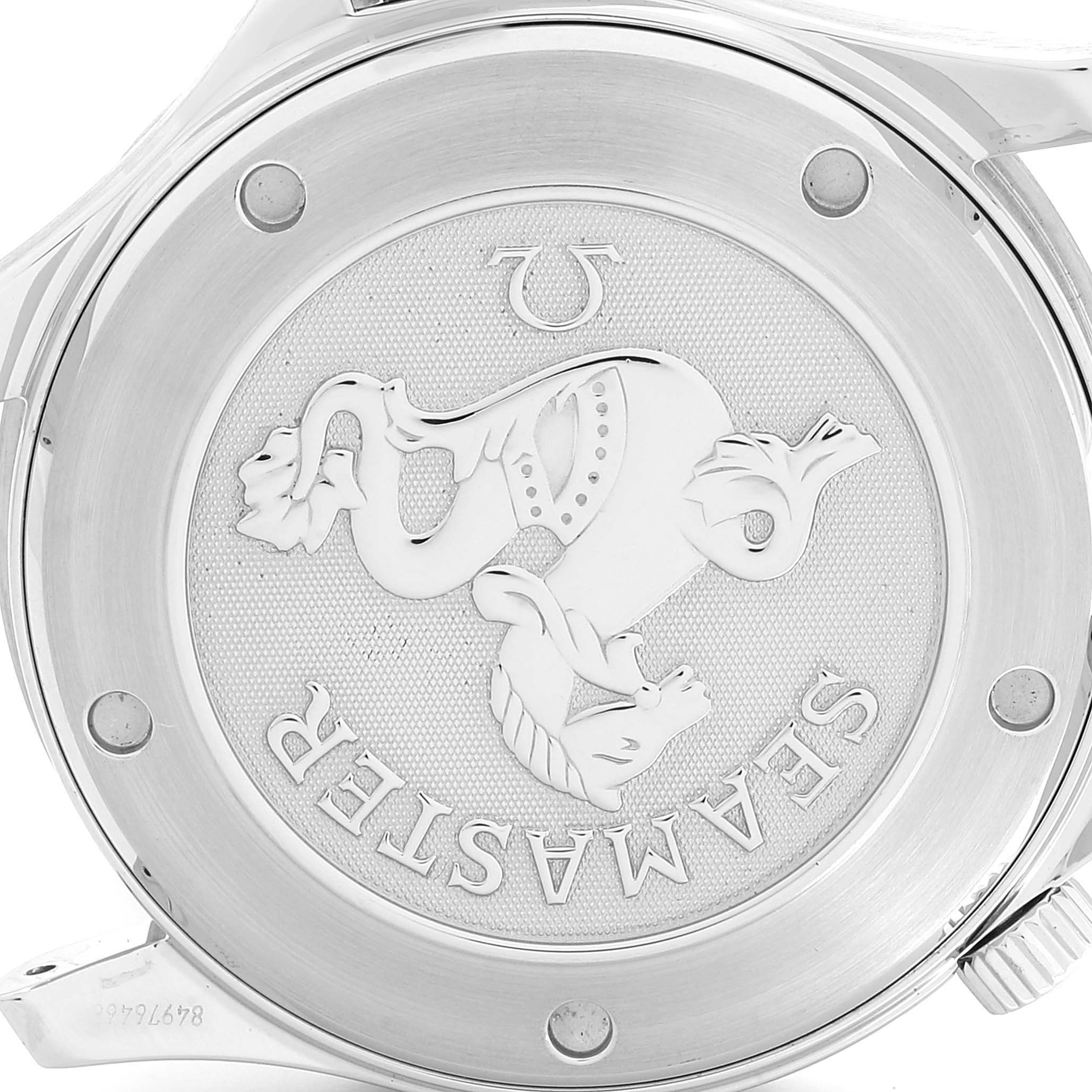 This image shows the case back of an Omega Seamaster 212.30.41.20.01.002 Men
s Stainless Steel Black Dial 212.30.41.20.01.002 Men
s Stainless Steel Black Dial watch from a close-up angle.