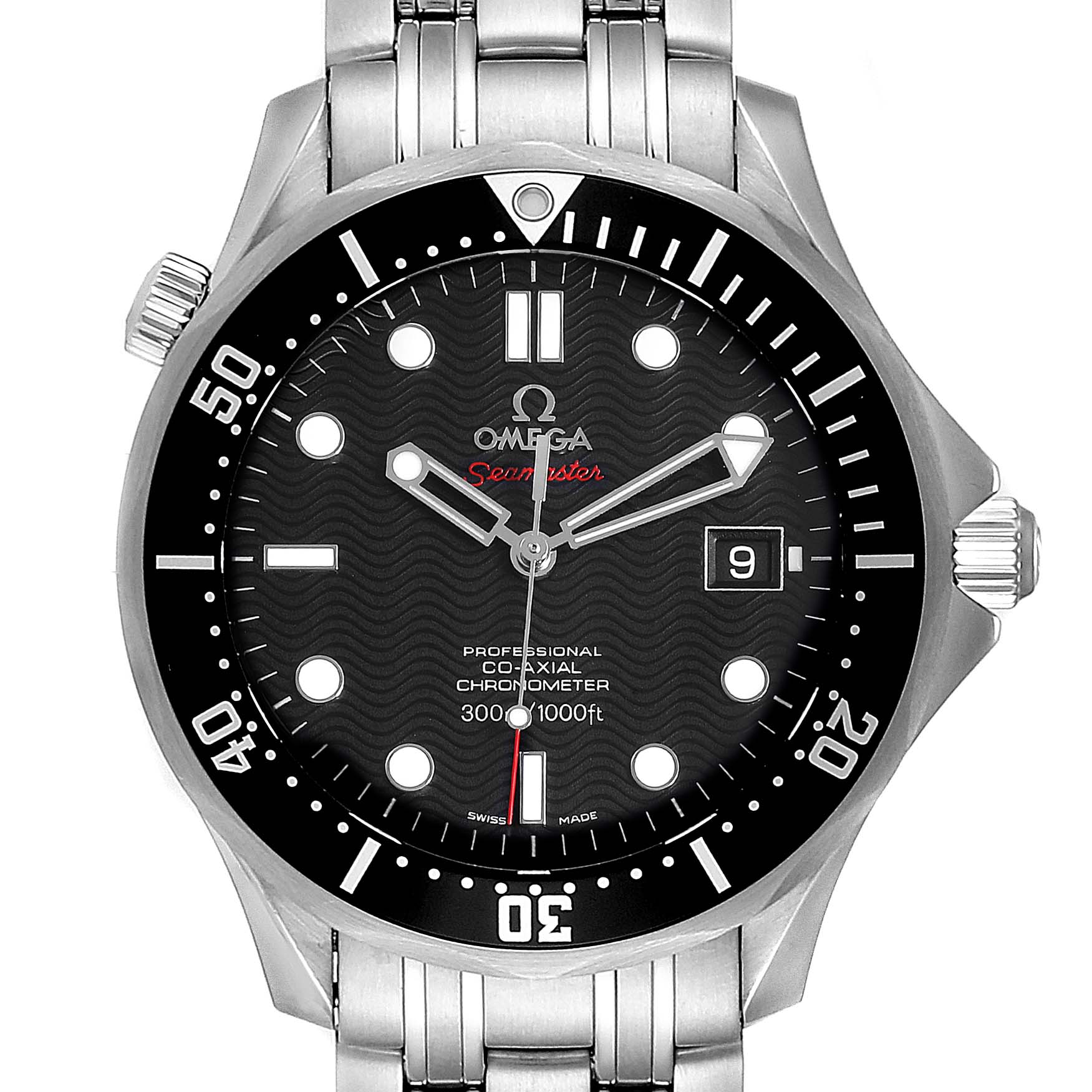 This image shows a frontal view of the Omega Seamaster 212.30.41.20.01.002 Men
s Stainless Steel Black Dial 212.30.41.20.01.002 Men
s Stainless Steel Black Dial watch, highlighting its detailed face, bezel, date display, and bracelet.