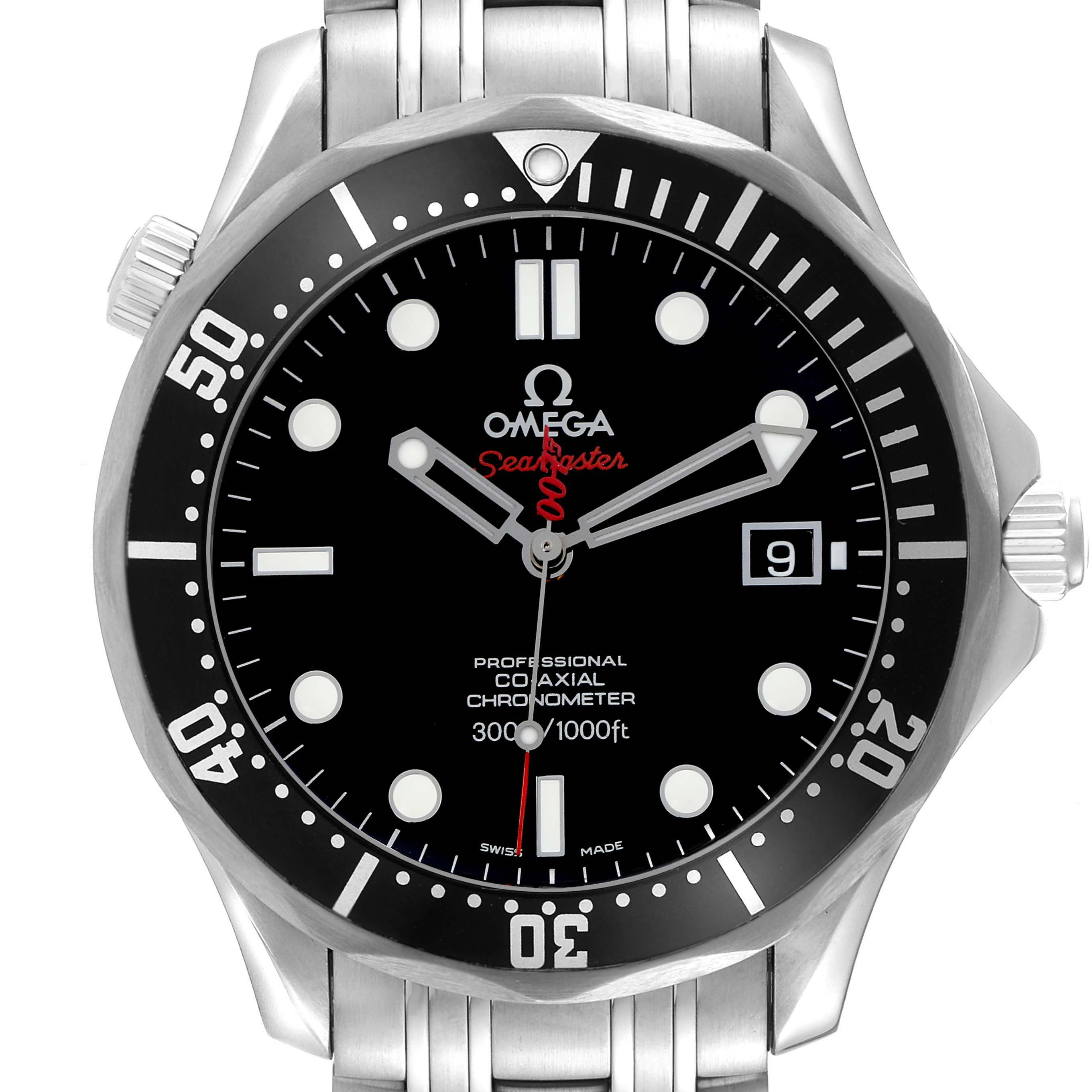 The image shows a front view of the Omega Seamaster 212.30.41.20.01.001 Men
s Stainless Steel Black Dial 212.30.41.20.01.001 Men
s Stainless Steel Black Dial, highlighting the dial, bezel, crown, and bracelet.