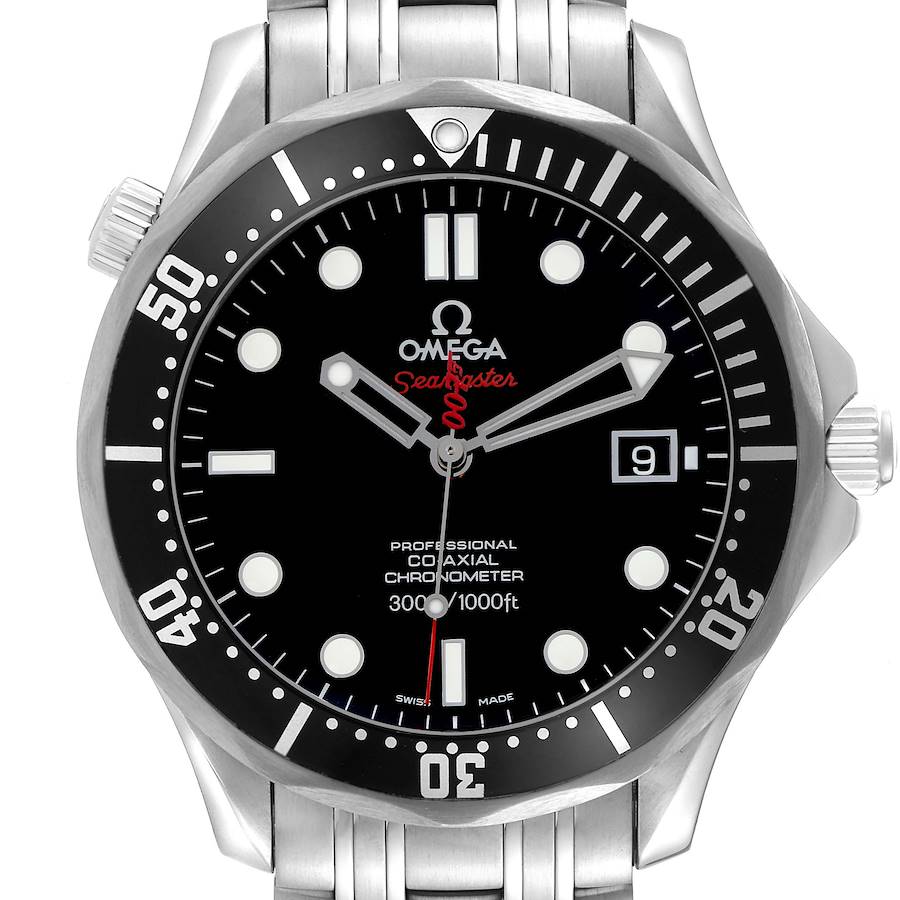 The image shows a front view of the Omega Seamaster, highlighting the dial, bezel, crown, and bracelet.