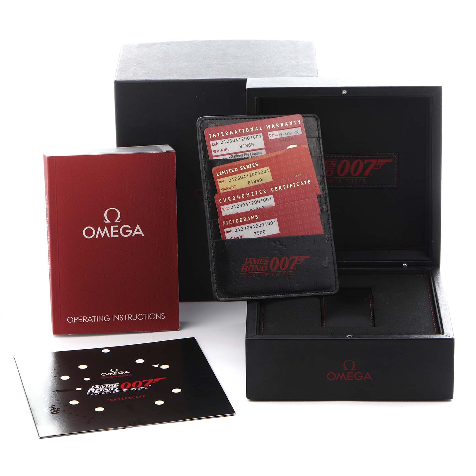 The image shows Omega Seamaster 212.30.41.20.01.001 Men
s Stainless Steel Black Dial 212.30.41.20.01.001 Men
s Stainless Steel Black Dial accessories, including a box, warranty cards, an instruction manual, and a certificate, from a top-down angle.