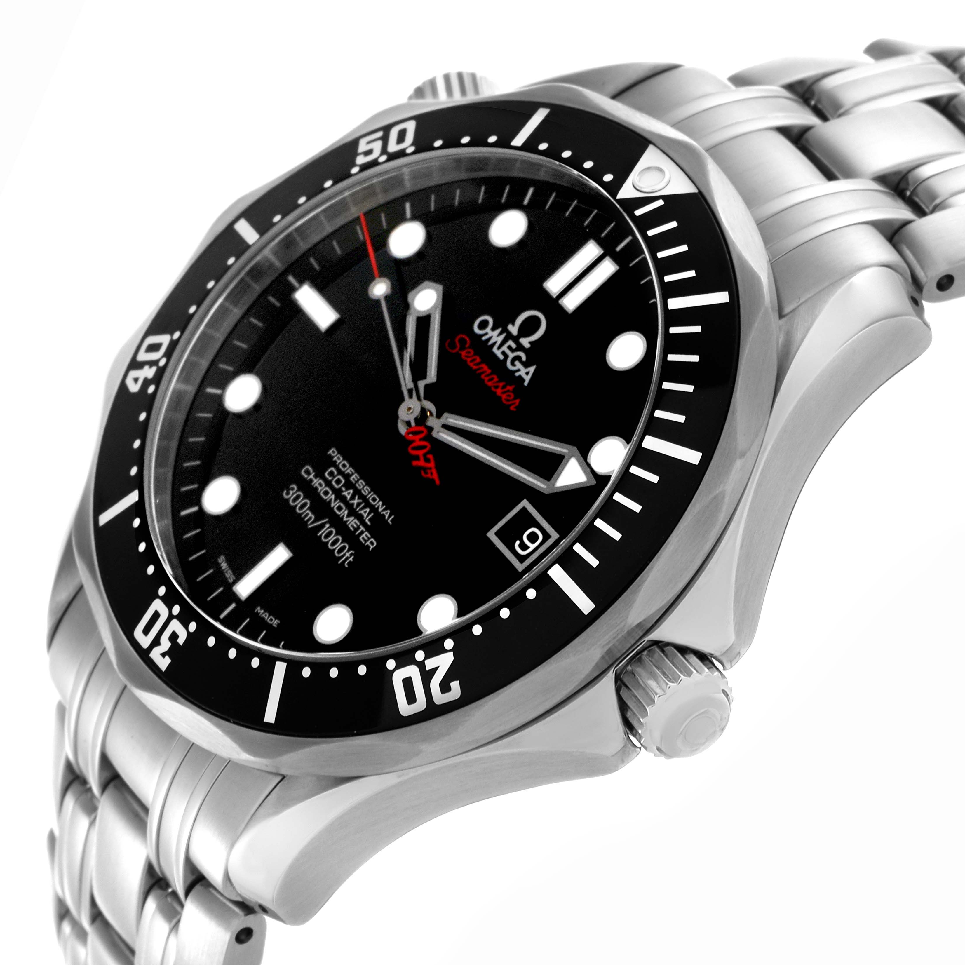The Omega Seamaster 212.30.41.20.01.001 Men
s Stainless Steel Black Dial 212.30.41.20.01.001 Men
s Stainless Steel Black Dial watch is shown at an angled view highlighting the bezel, dial, crown, and bracelet.
