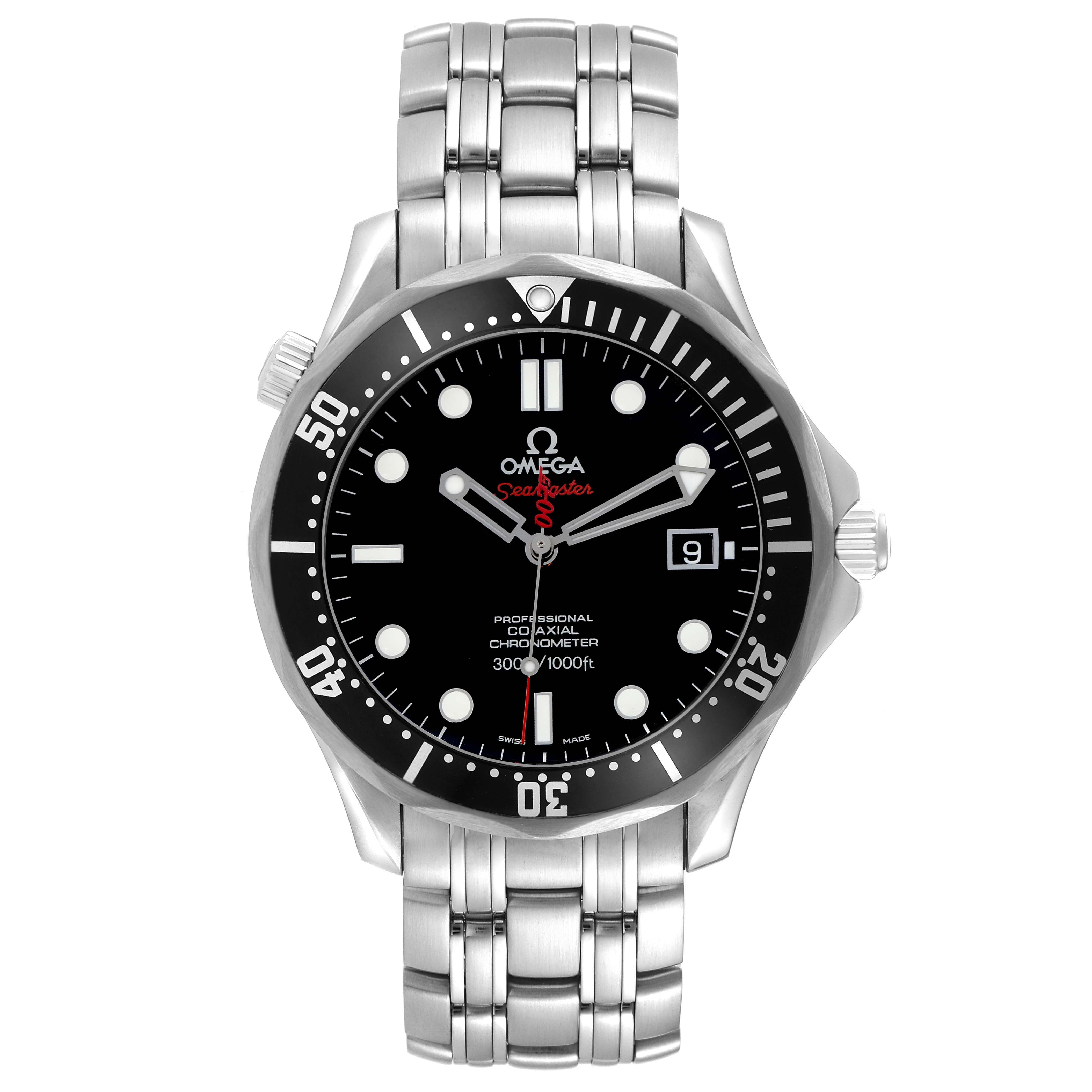 The Omega Seamaster 212.30.41.20.01.001 Men
s Stainless Steel Black Dial 212.30.41.20.01.001 Men
s Stainless Steel Black Dial watch is shown from the front, highlighting the bezel, dial, hands, and bracelet.