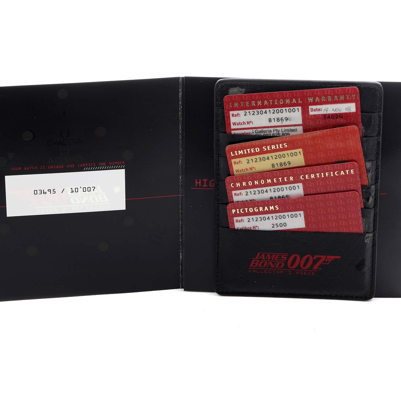 The image shows the warranty cards and certificates for an Omega Seamaster 212.30.41.20.01.001 Men
s Stainless Steel Black Dial 212.30.41.20.01.001 Men
s Stainless Steel Black Dial, including limited series and chronometer details.