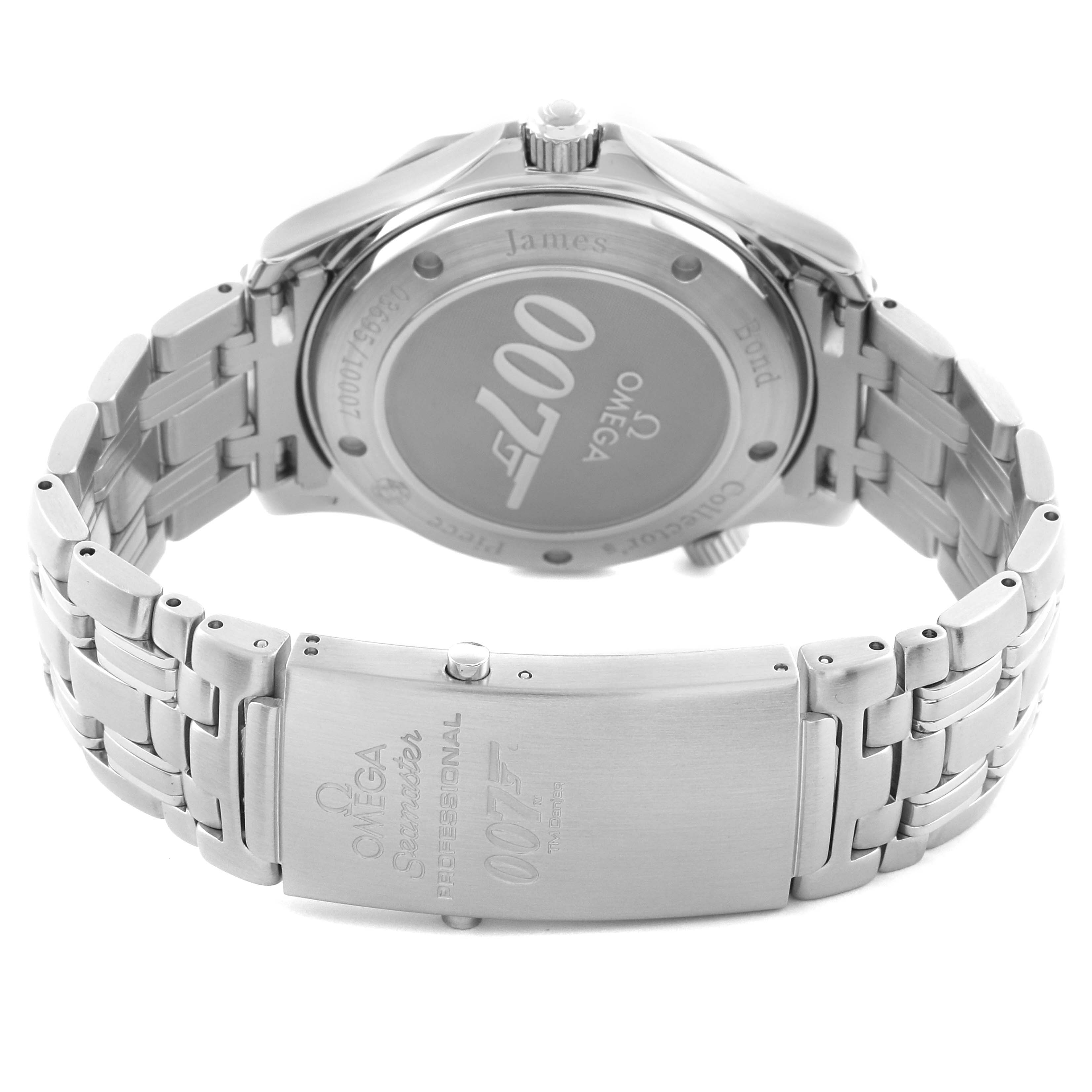 The Omega Seamaster 212.30.41.20.01.001 Men
s Stainless Steel Black Dial 212.30.41.20.01.001 Men
s Stainless Steel Black Dial watch is shown from the back, highlighting the clasp, bracelet, and case back engraved with "007" branding.