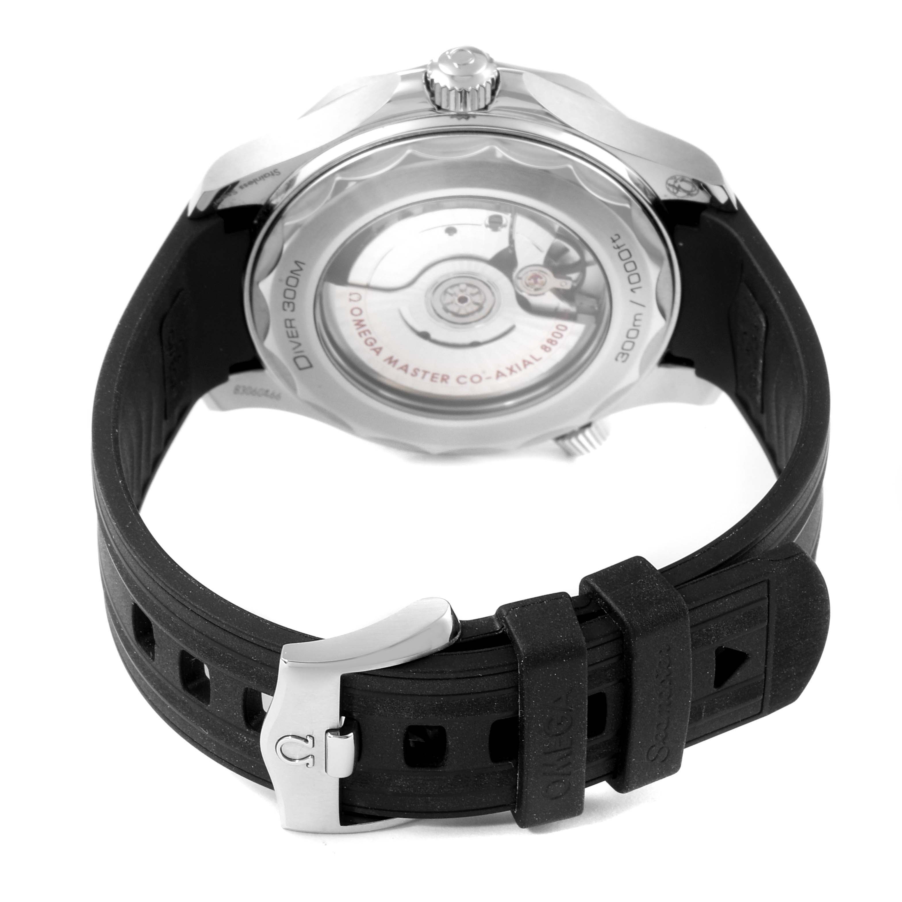 The photo shows the back view of the Omega Seamaster 210.32.42.20.04.001 Men
s Stainless Steel White Dial 210.32.42.20.04.001 Men
s Stainless Steel White Dial watch, highlighting its transparent case back and black rubber strap with a buckle.