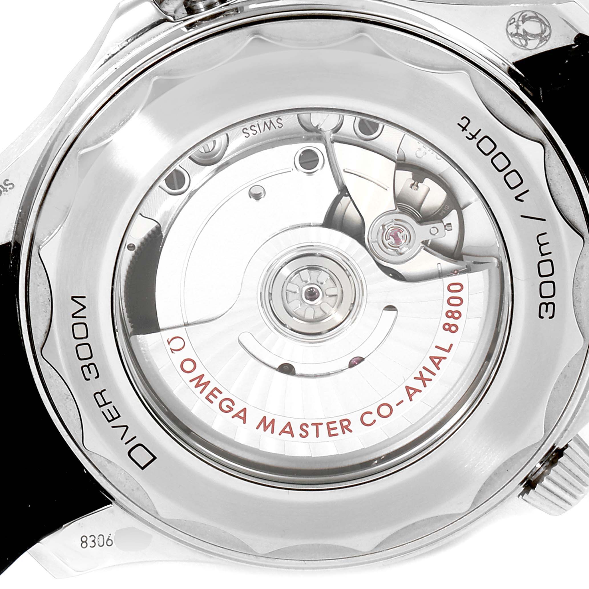 The image shows the back view of an Omega Seamaster 210.32.42.20.04.001 Men
s Stainless Steel White Dial 210.32.42.20.04.001 Men
s Stainless Steel White Dial watch, highlighting its movement and mechanical components.