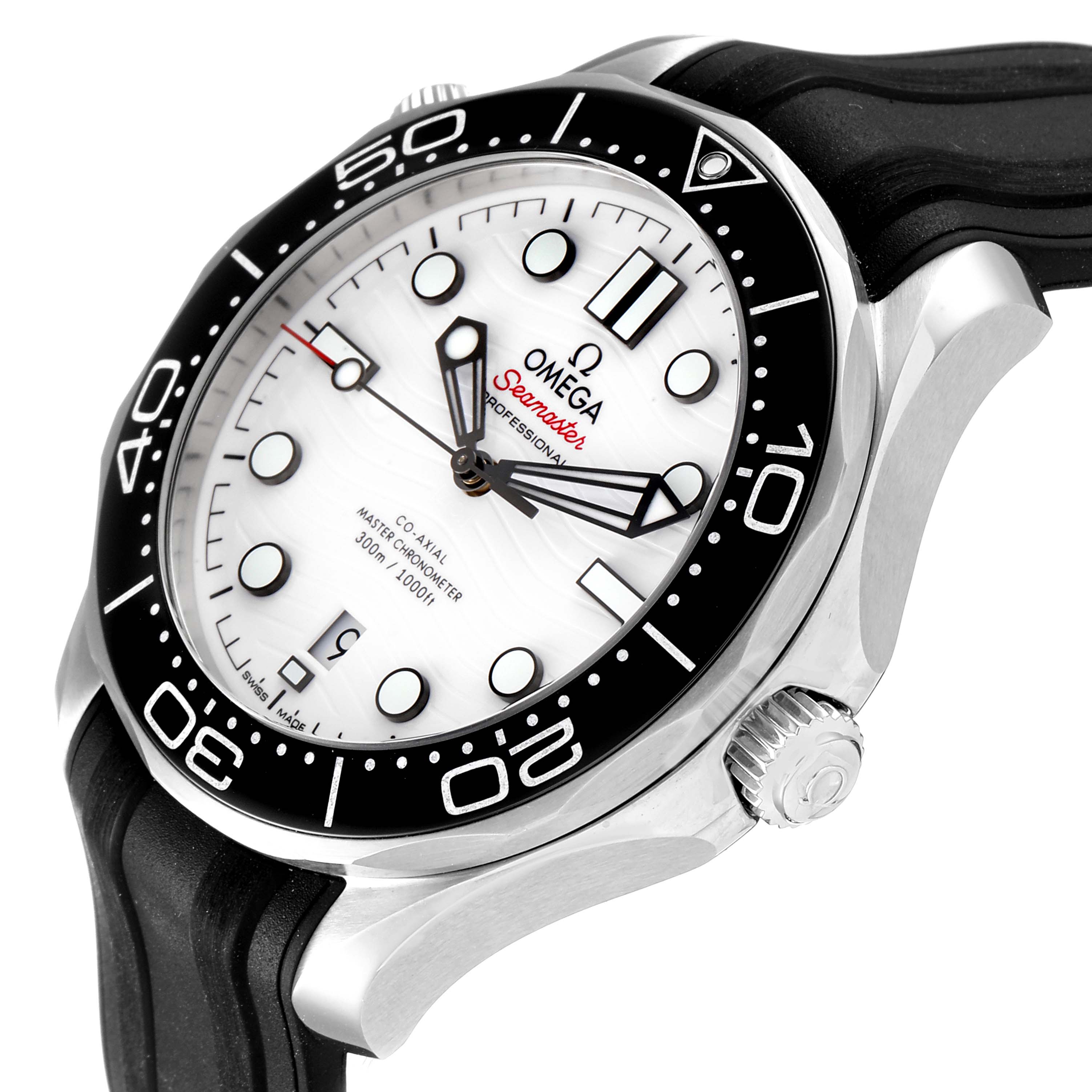 The image shows an angled view of an Omega Seamaster 210.32.42.20.04.001 Men
s Stainless Steel White Dial 210.32.42.20.04.001 Men
s Stainless Steel White Dial watch, highlighting the dial, bezel, crown, and rubber strap.