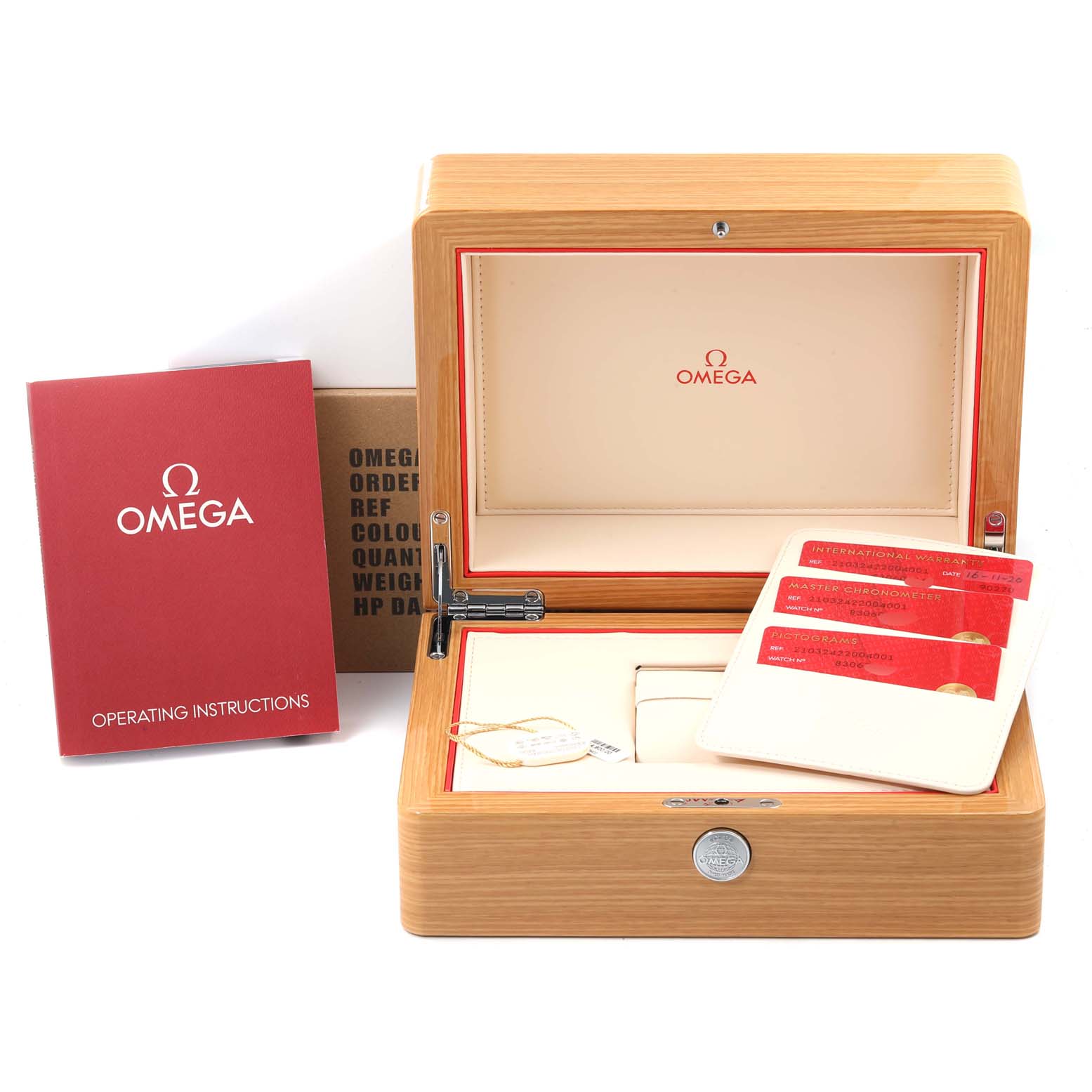 This image shows an Omega Seamaster 210.32.42.20.04.001 Men
s Stainless Steel White Dial 210.32.42.20.04.001 Men
s Stainless Steel White Dial watch box, operating instructions, and warranty cards.